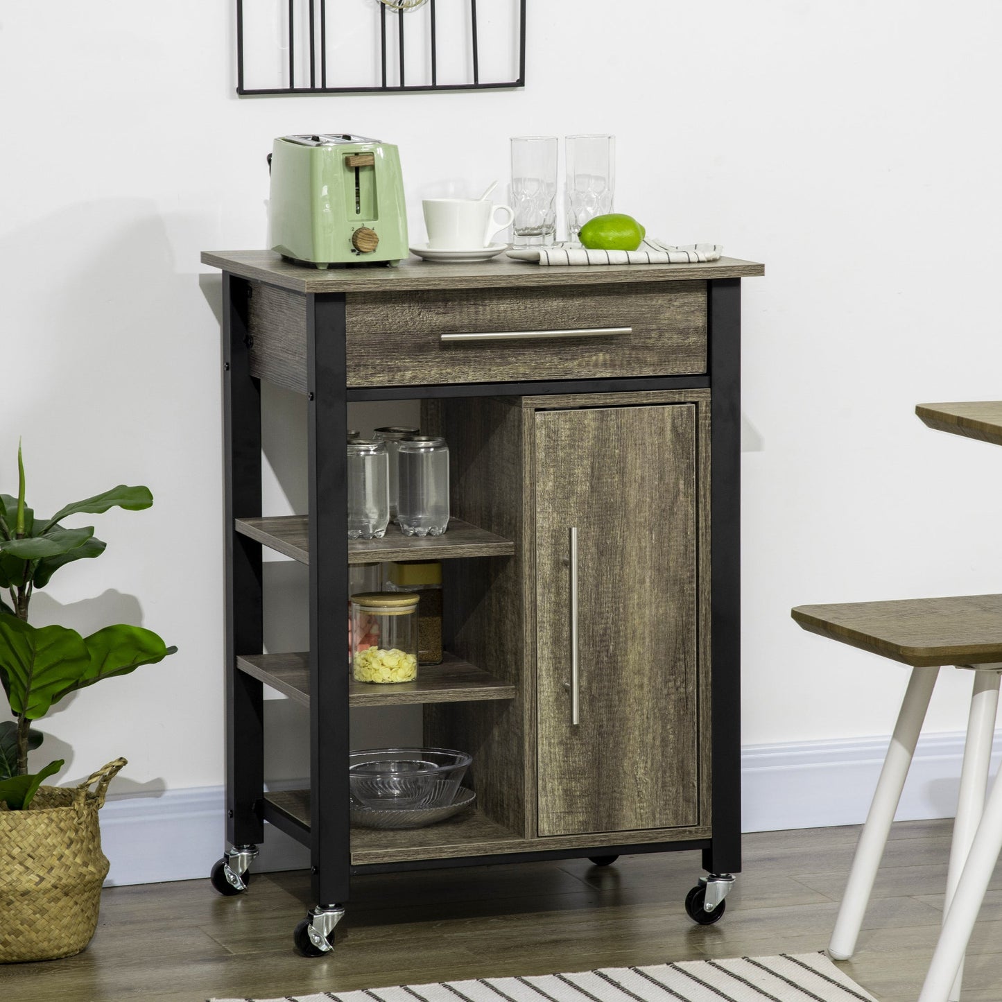 Kitchen Trolley Utility Cart on Wheels with Storage Shelves &; Drawer for Dining Room, Dark Oak Kitchen Islands & Kitchen Carts   at Gallery Canada