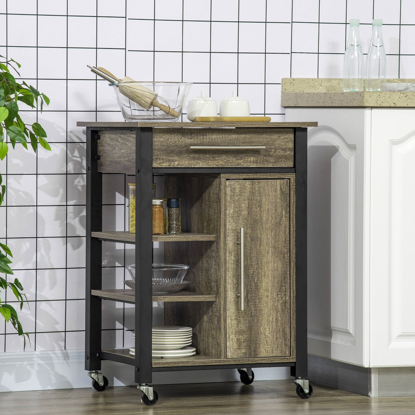 Kitchen Trolley Utility Cart on Wheels with Storage Shelves &; Drawer for Dining Room, Dark Oak Kitchen Islands & Kitchen Carts   at Gallery Canada