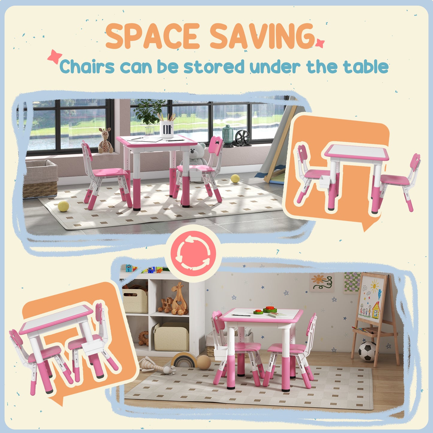 3 Pieces Toddler Table and Chair Set, Height Adjustable Kids Table and Chair Set w/ Storage, for Playroom Pink Kids Table Sets   at Gallery Canada