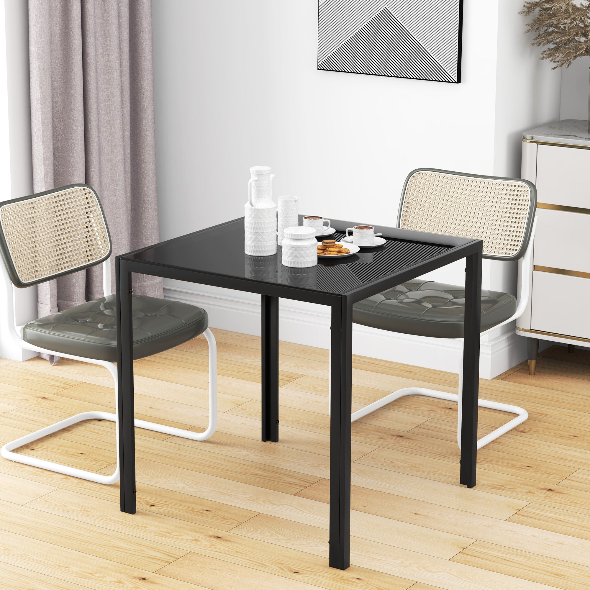 Square Kitchen Table for 2-4 People, Dining Table with Glass Top and Steel Legs for Dining Room, Black Dining Tables   at Gallery Canada