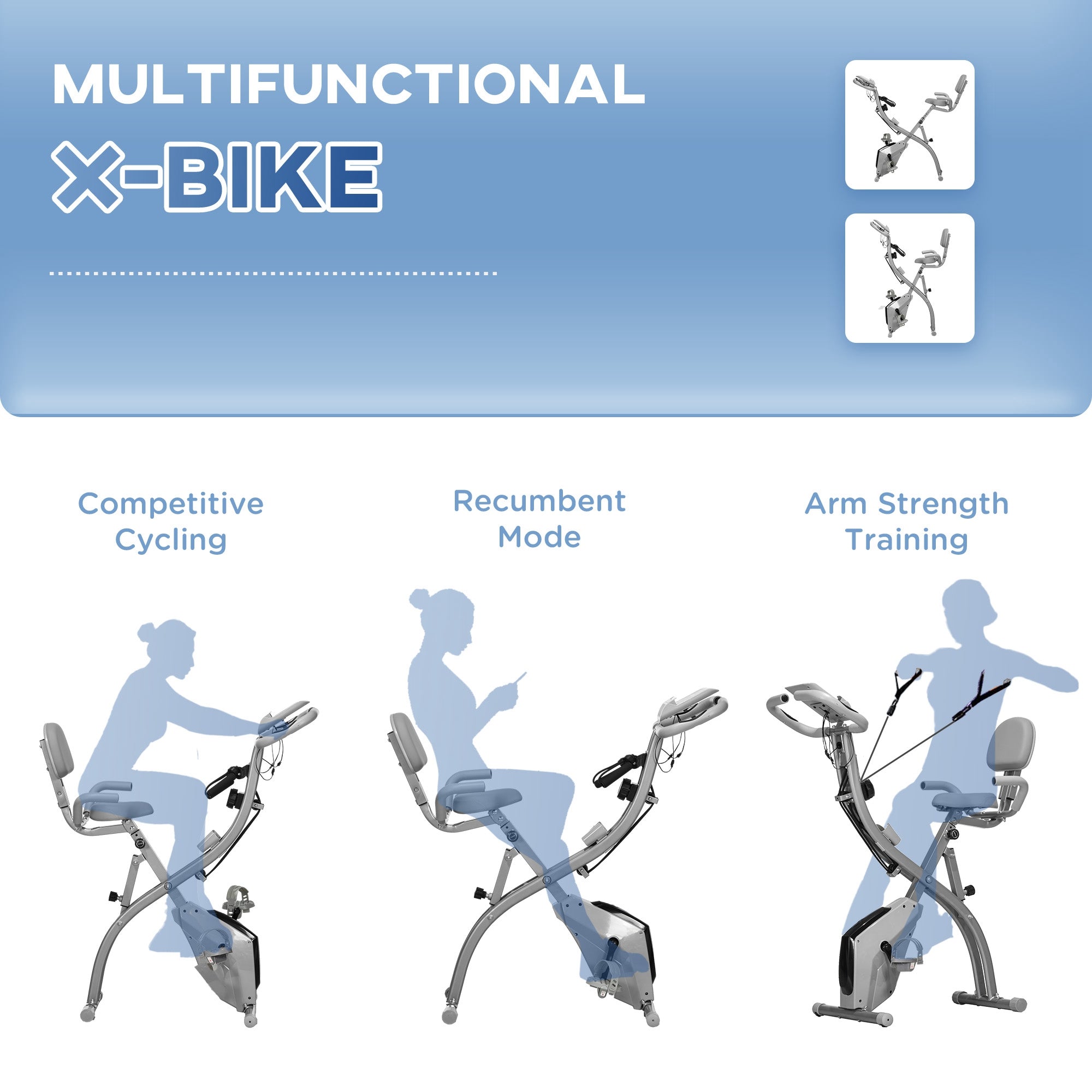3 in 1 Folding Exercise Bike, Foldable Stationary Bike with 8-Level Magnetic Resistance, Adjustable Seat, Grey Exercise & Stationary Bikes at Gallery Canada