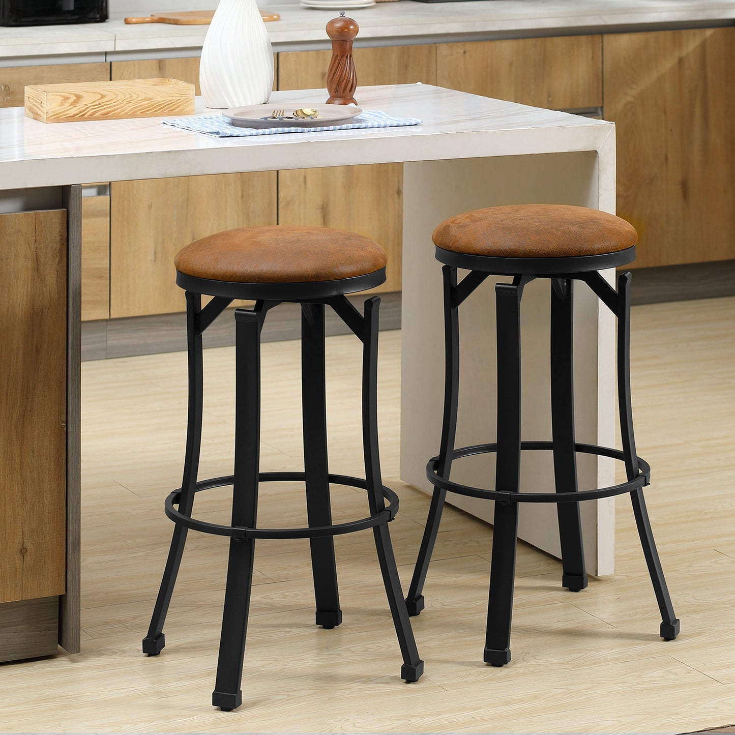 Vintage Swivel Bar Stools with Footrest, Microfiber Cloth, Steel Legs, Brown Bar Stools   at Gallery Canada