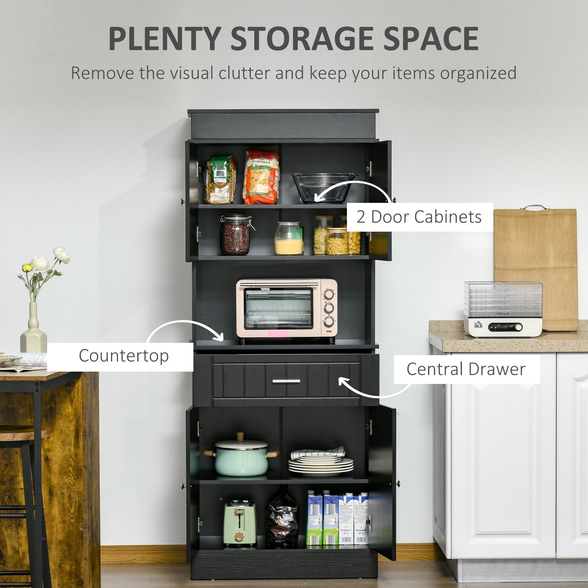 Freestanding 72" Kitchen Pantry Cabinet with Hutch, Adjustable Shelf, Black Kitchen Pantry Cabinets   at Gallery Canada