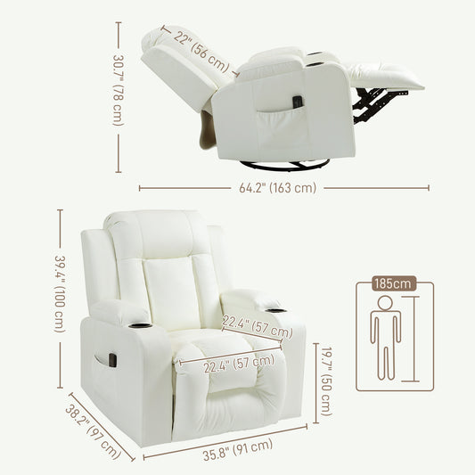 Massage Recliner Chair for Living Room with 8 Vibration, Overstuffed PU Leather Manual Reclining Chair with Wide Seat, Cup Holders, 360° Swivel, Rocking, Cream White Single Sofas   at Gallery Canada