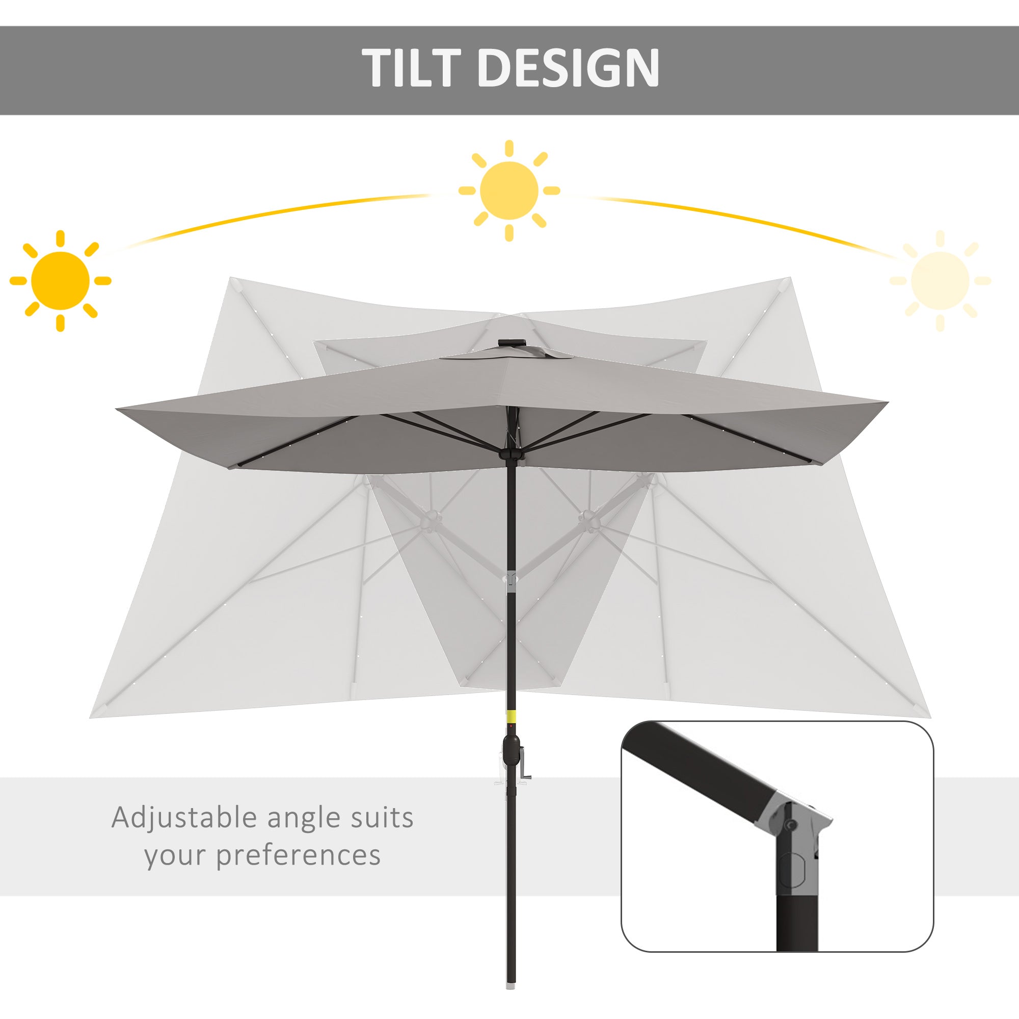 6.5x10ft Patio Umbrella Tilt Aluminum Outdoor Market Parasol with Solar Powered LEDs, Crank - Light Grey Sun Umbrellas at Gallery Canada