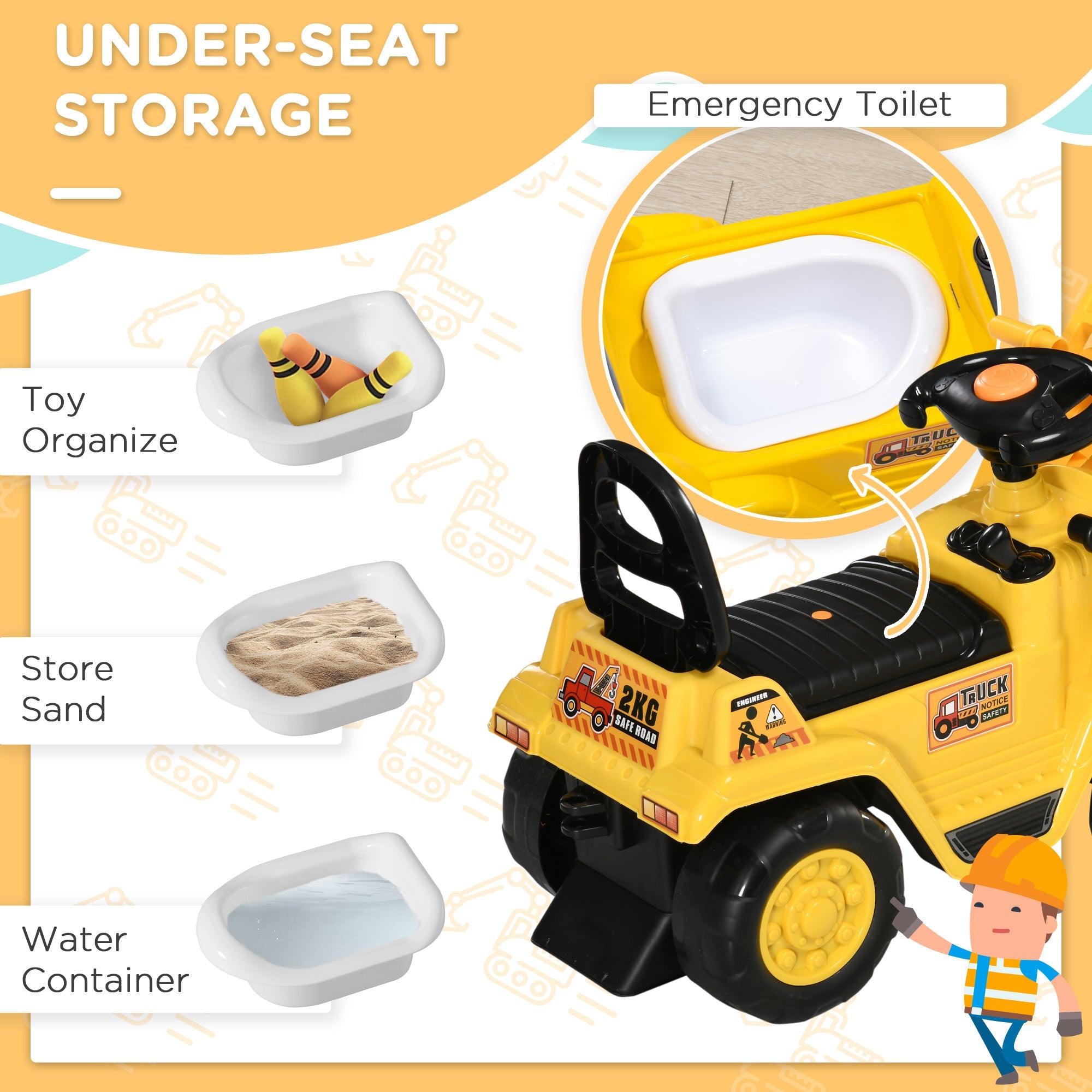 Ride On Excavator Toy No Power Digger with Realistic Sound Grabber Storage, for 3-4 Years Old, 32.7