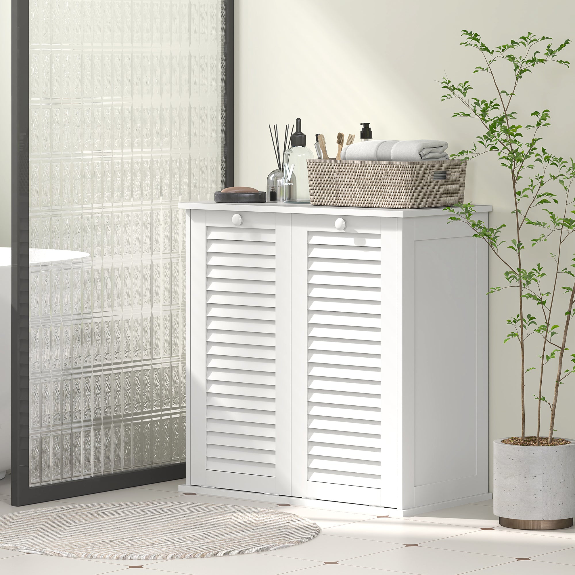 Tilt Out Laundry Cabinet, Laundry Basket Cabinet with 2 Baskets and 2 Louvered Doors, White Bathroom Cabinets at Gallery Canada