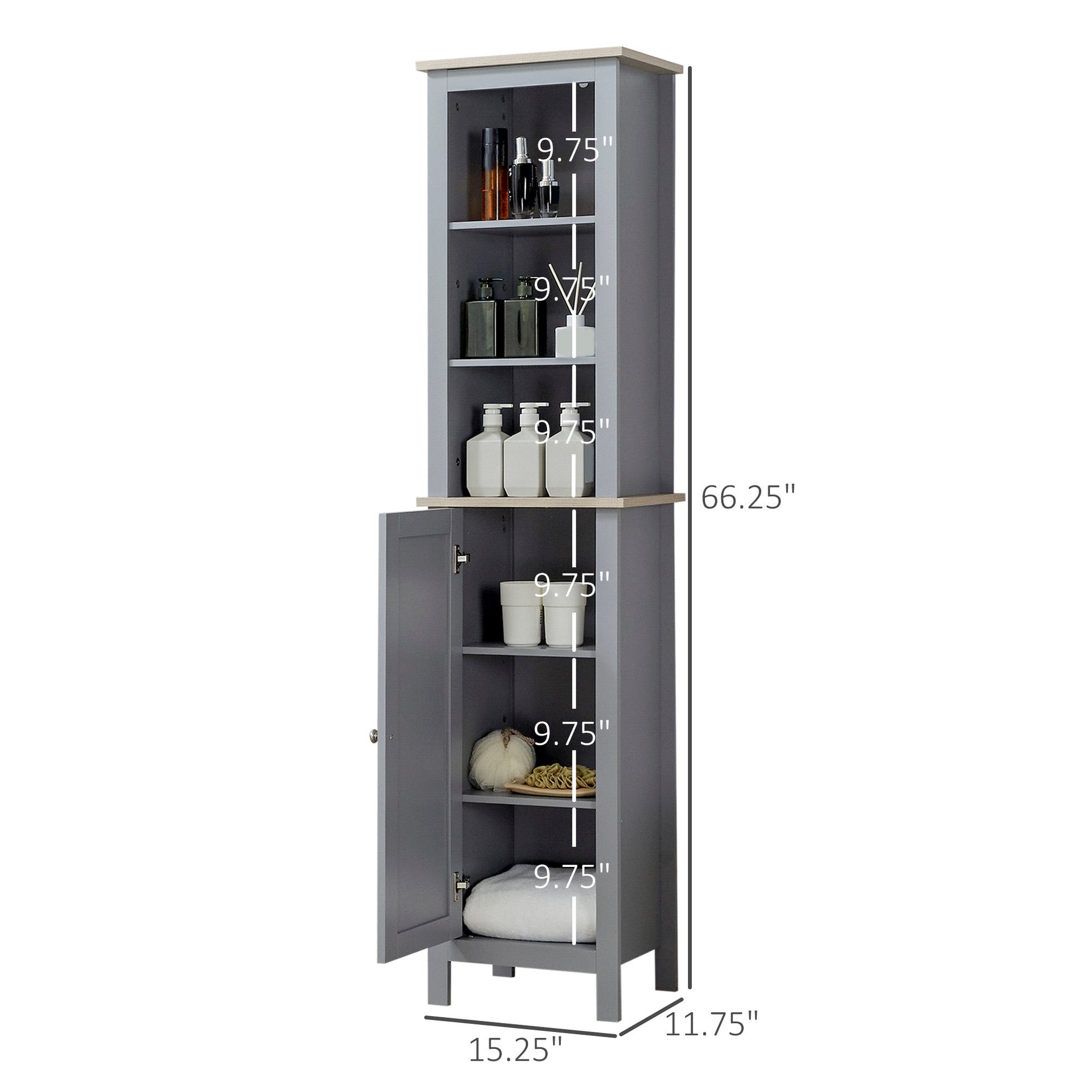 Bathroom Floor Storage Cabinet with 3 Tier Shelf and Cupboard with Door, Free Standing Linen Tower, Tall Slim Side Organizer Shelves, Grey Bathroom Cabinets   at Gallery Canada