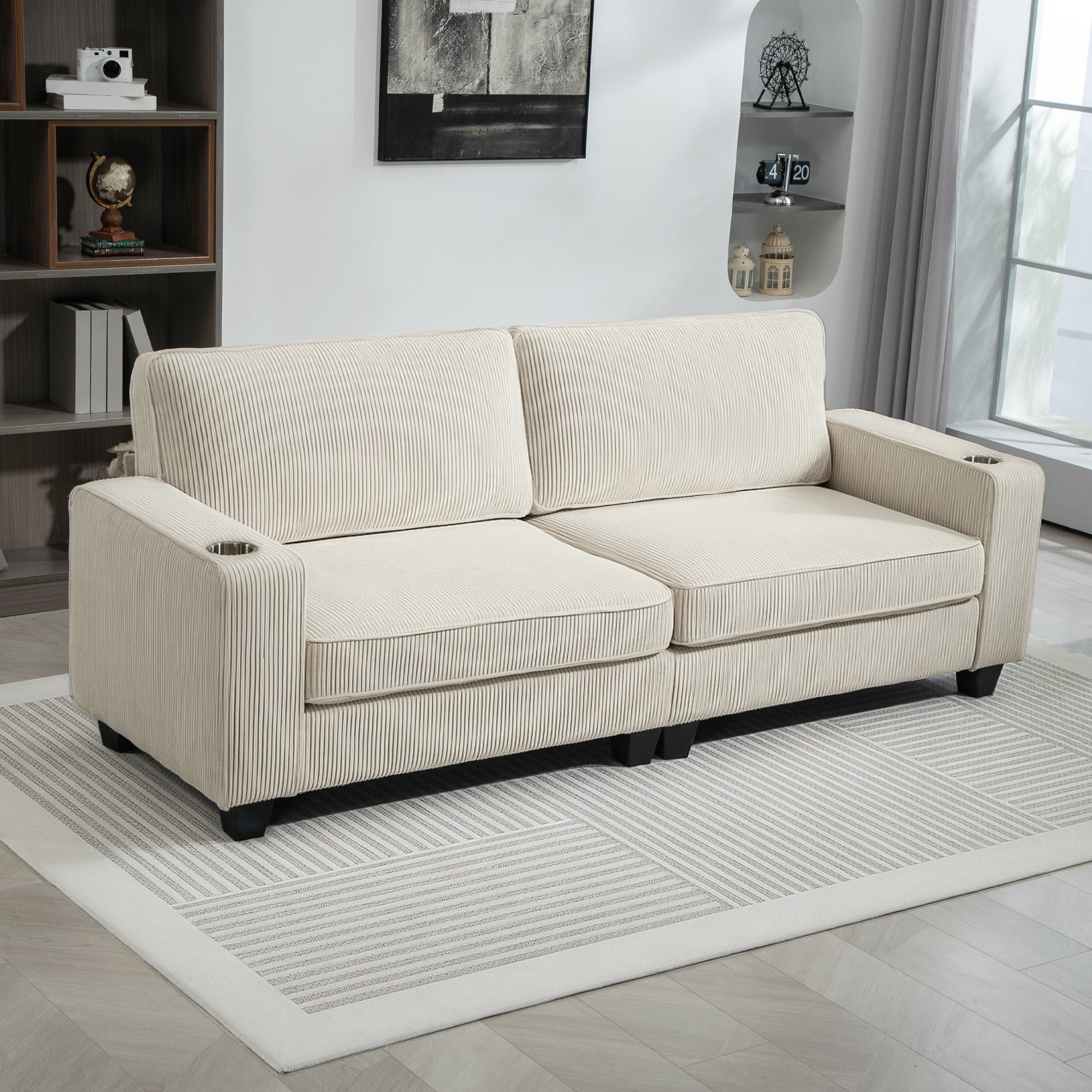 Three Seater Sofa, Fabric 3 Seater Couch with Spring Cushion and Cup Holders for Living Room, Bedroom, Cream White 3-Seater Sofas at Gallery Canada