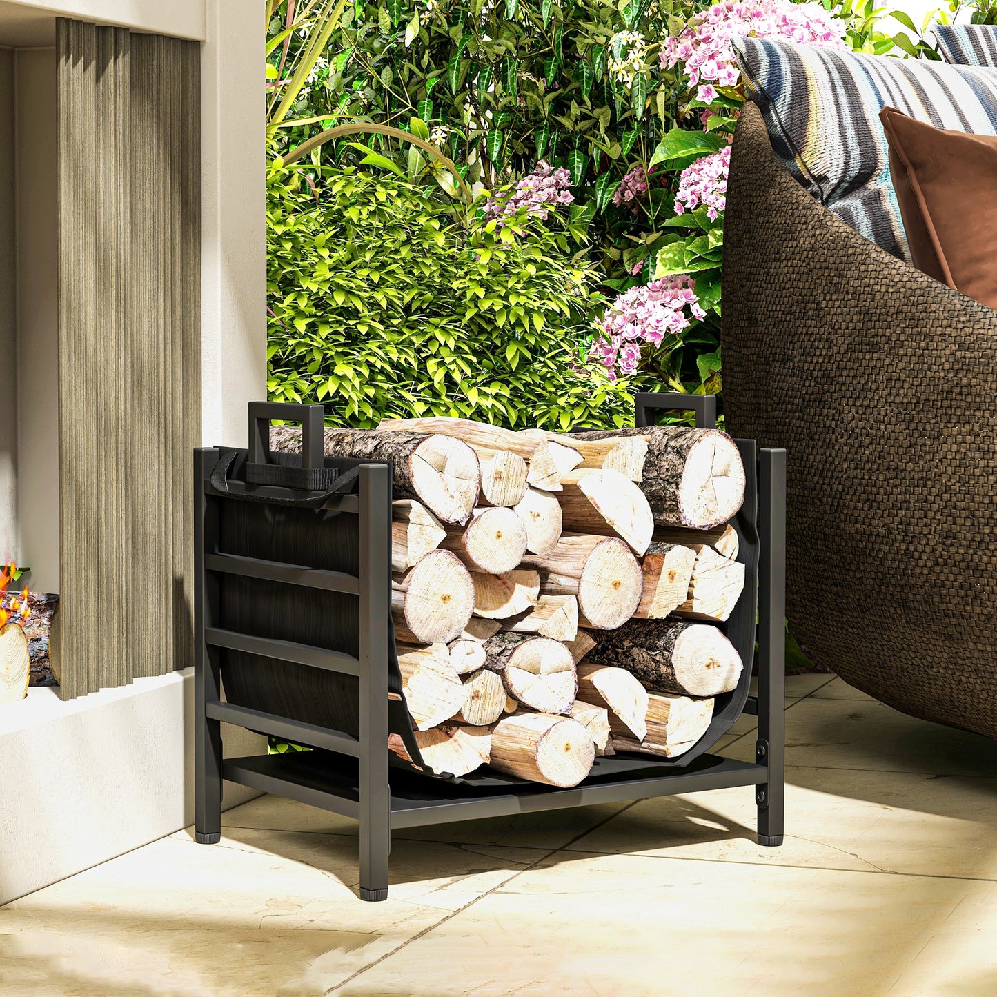 Outdoor Firewood Rack with Log Carrier, Heavy Duty Steel Wood Log Storage Stacker for Fireplace, Black Firewood Racks   at Gallery Canada