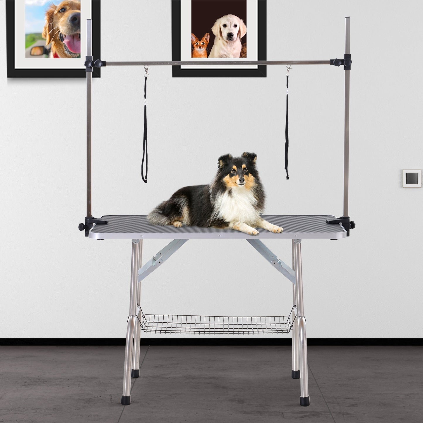 Metal Adjustable Dog Grooming Table Rubber Top 2 Safety Slings Mesh Black Dog Grooming Tables   at Gallery Canada