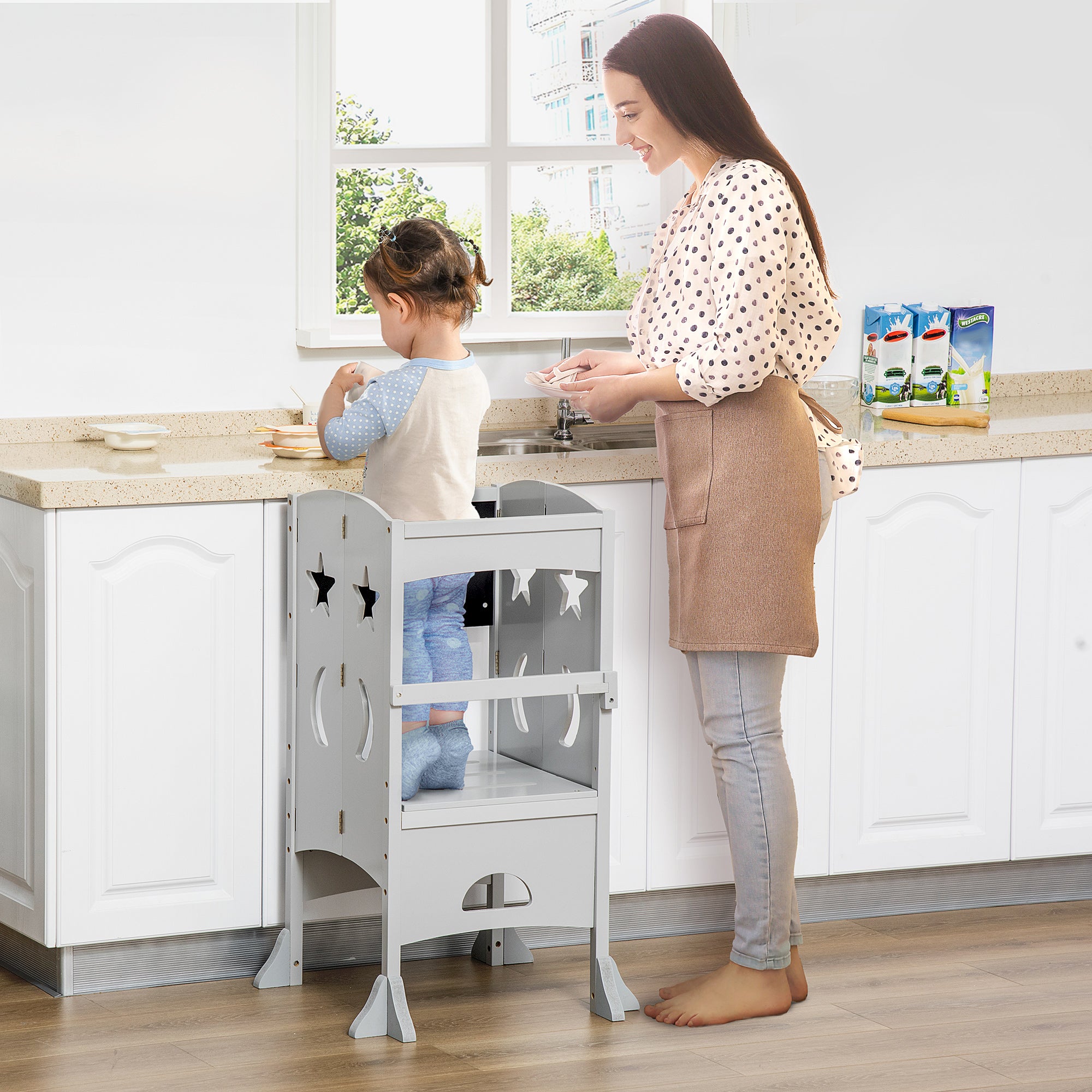 Kids Kitchen Helper Foldable Step Stool Toddler Kitchen Stool with Blackboard Lockable Handrail for 3-6 Years old Grey Toddler & Kids Step Stools at Gallery Canada