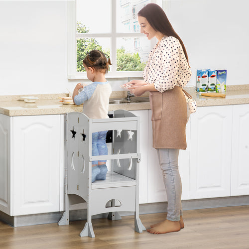 Kids Kitchen Helper Foldable Step Stool Toddler Kitchen Stool with Blackboard Lockable Handrail for 3-6 Years old Grey