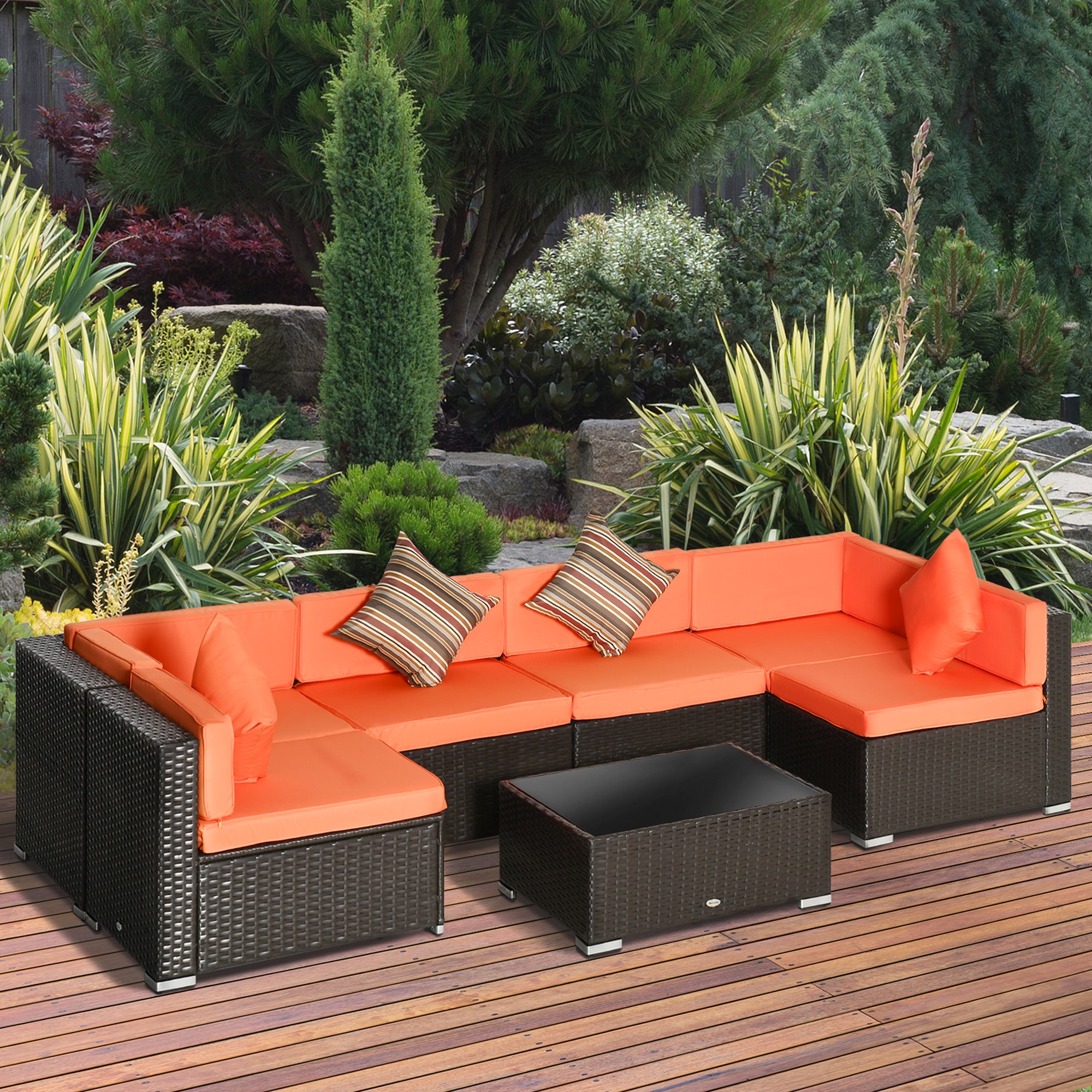 7pcs Garden Wicker Sectional Set w/ Tea Table Patio Rattan Lounge Sofa with Cushion for Outdoor Deck Orange Patio Furniture Sets at Gallery Canada