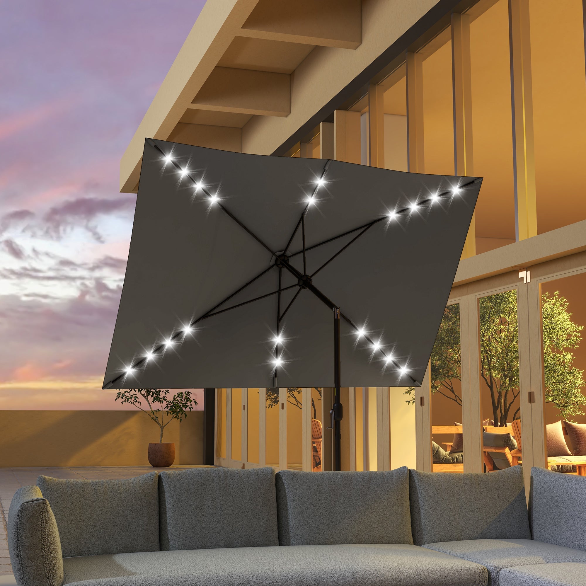6.5x10ft Patio Umbrella Tilt Aluminum Outdoor Market Parasol with Solar Powered LEDs, Crank - Dark Grey Sun Umbrellas at Gallery Canada
