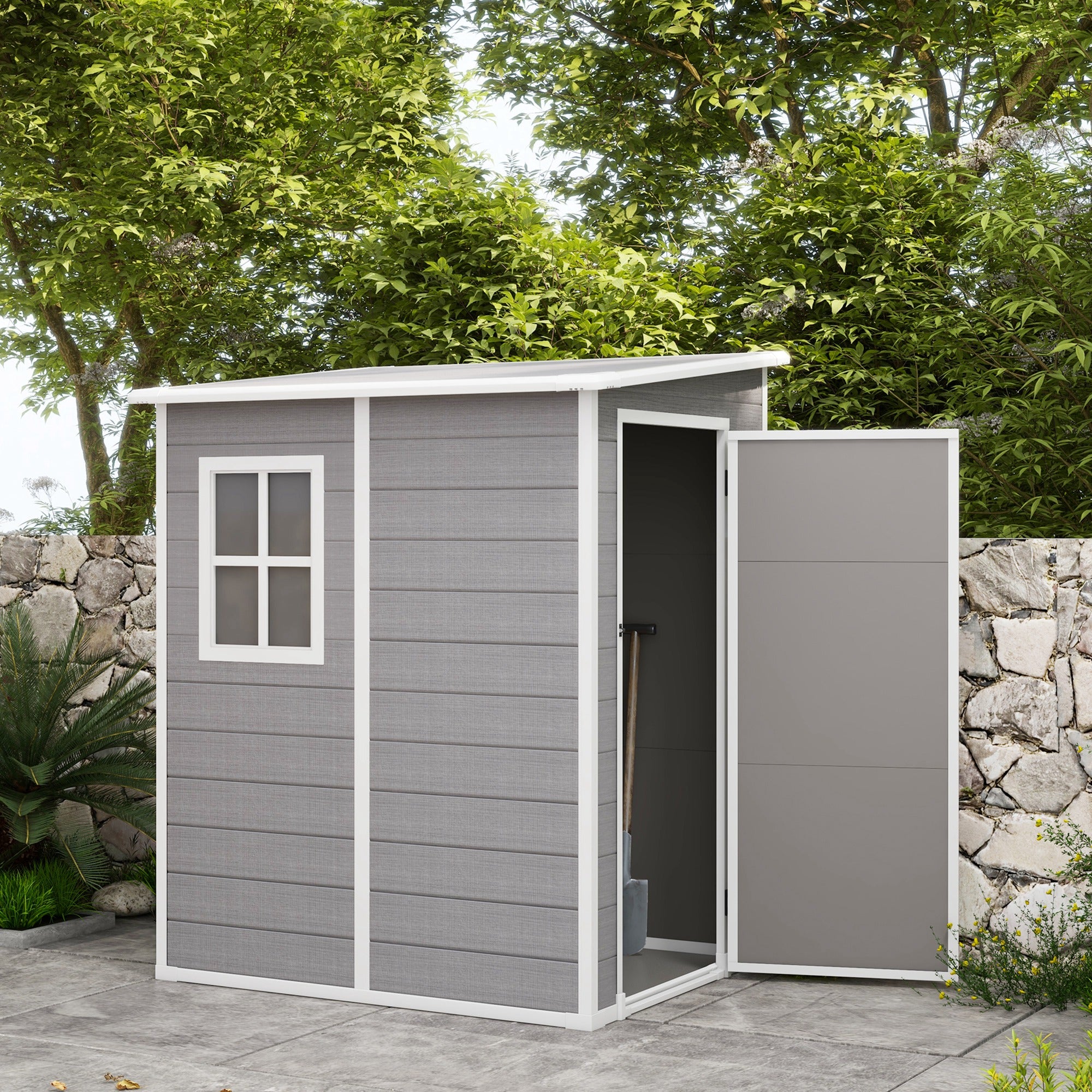 4'x5' Garden Storage Shed, Lean to Shed, Lockable Garden Tool Storage House with Window, Vent and Plastic Roof, Grey Sheds   at Gallery Canada