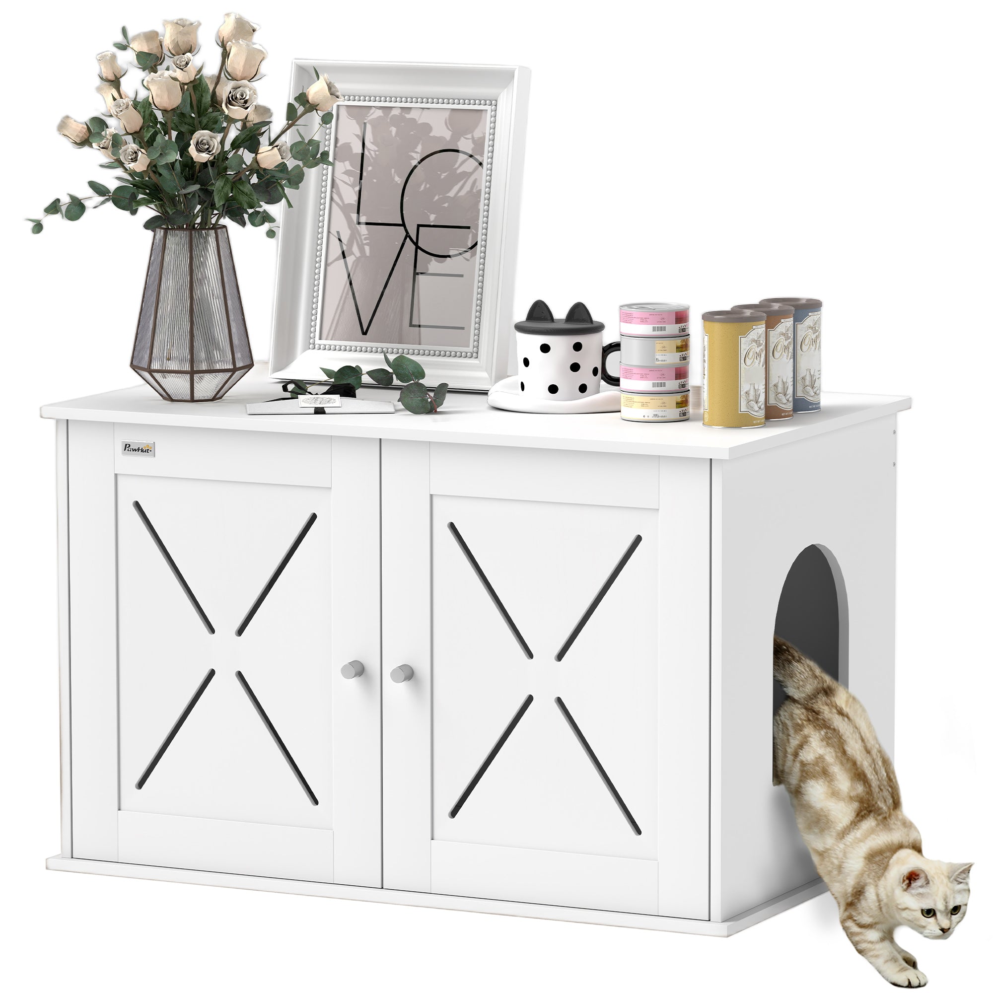 Hidden Cat Litter Box Enclosure with Double Doors, Hole, Pet House Side End Table, 31.5