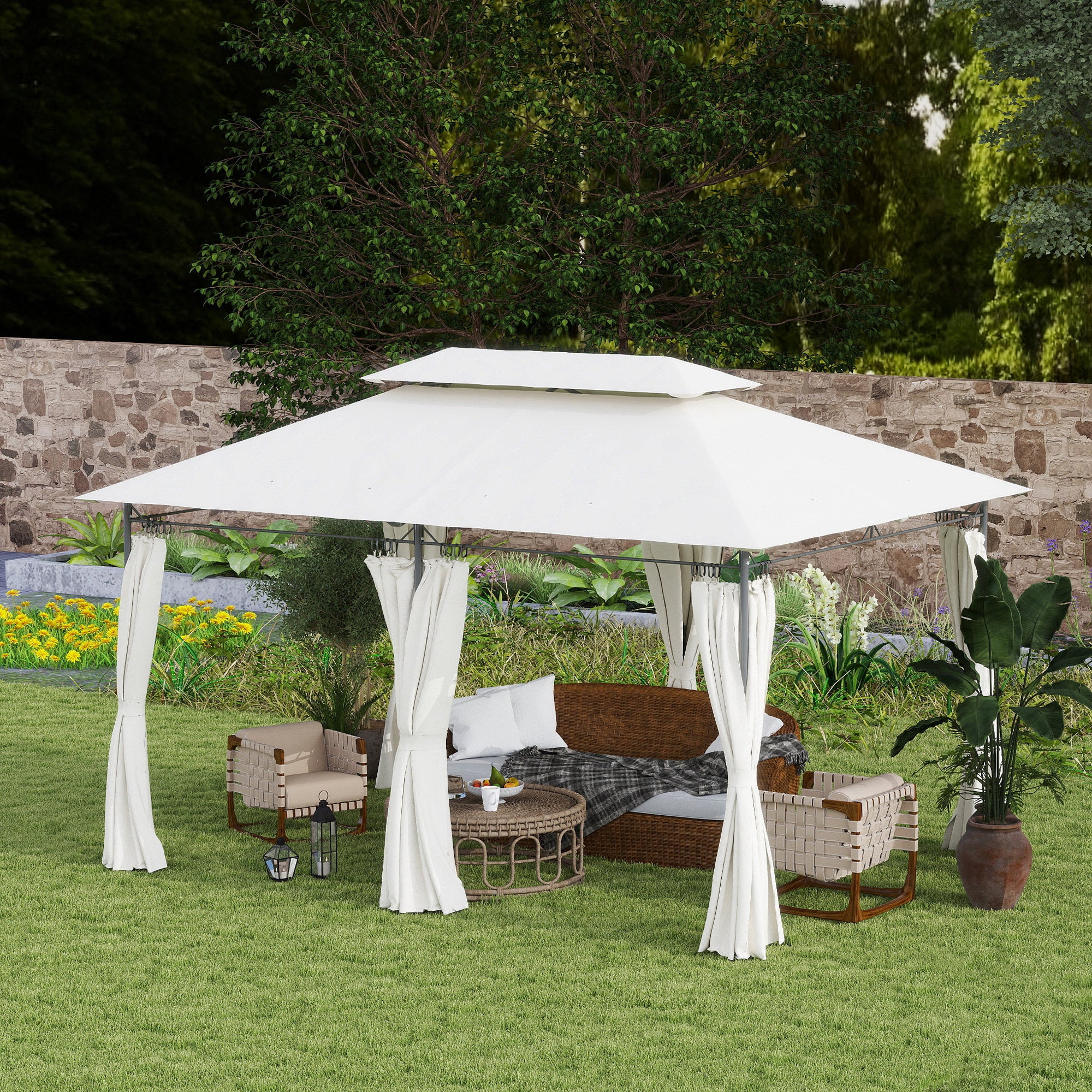 10' x 13' Double Roof Patio Gazebo, Outdoor Gazebo with Curtains, for Garden, Lawn, Backyard and Deck, Cream White Gazebos at Gallery Canada