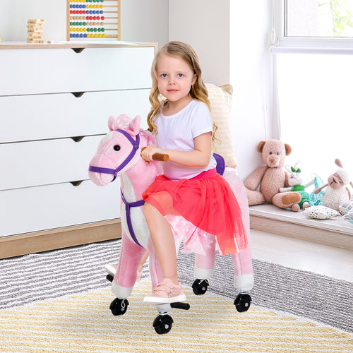 Kids Rocking Horse, Large Walking Ride on Toy for Toddlers 3 year old, Baby Plush Animal Rocker with Sound and Wheel, Pink