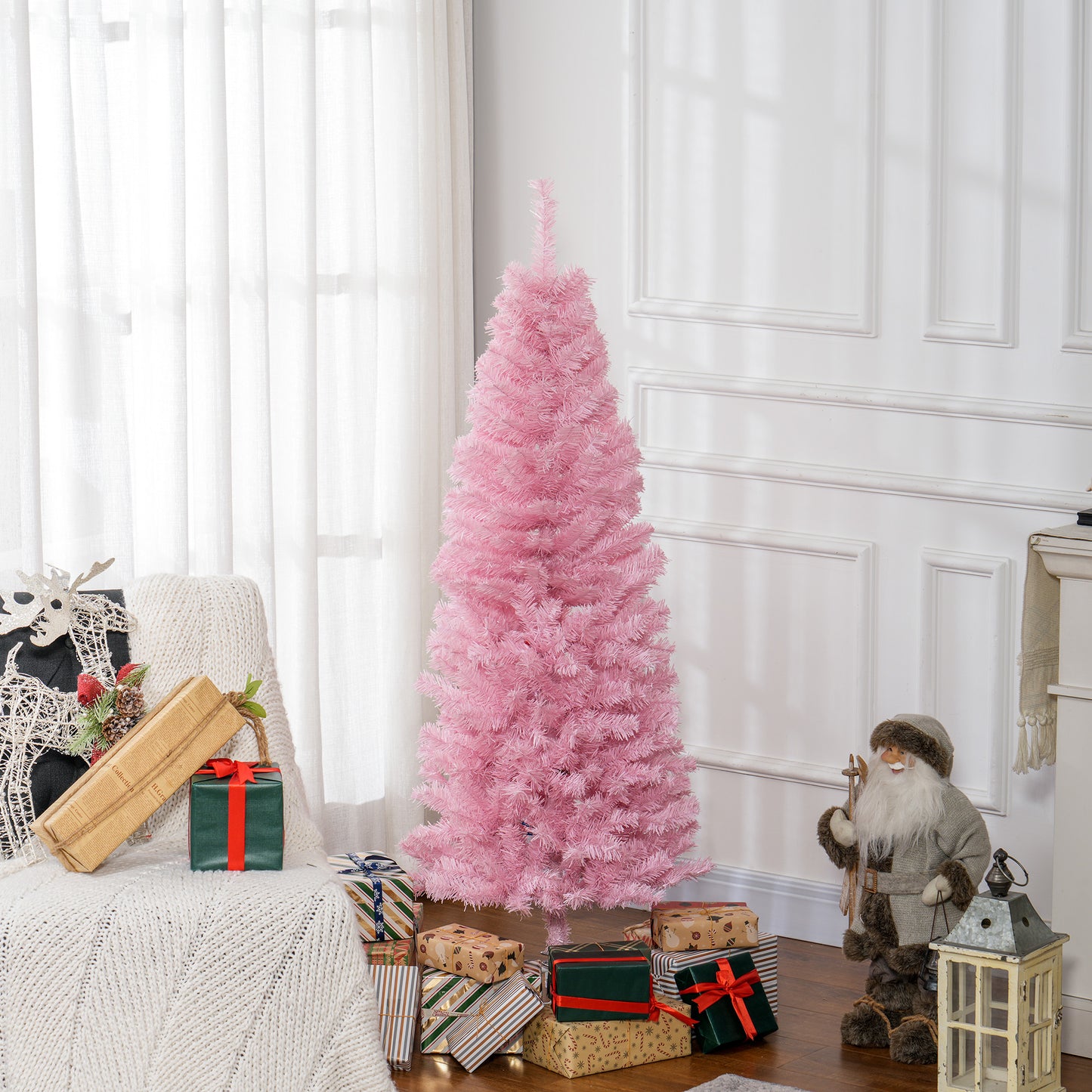 5FT Pencil Christmas Tree, Artificial Christmas Tree with Automatic Open for Home Party, Pink Pencil Christmas Trees Pink  at Gallery Canada