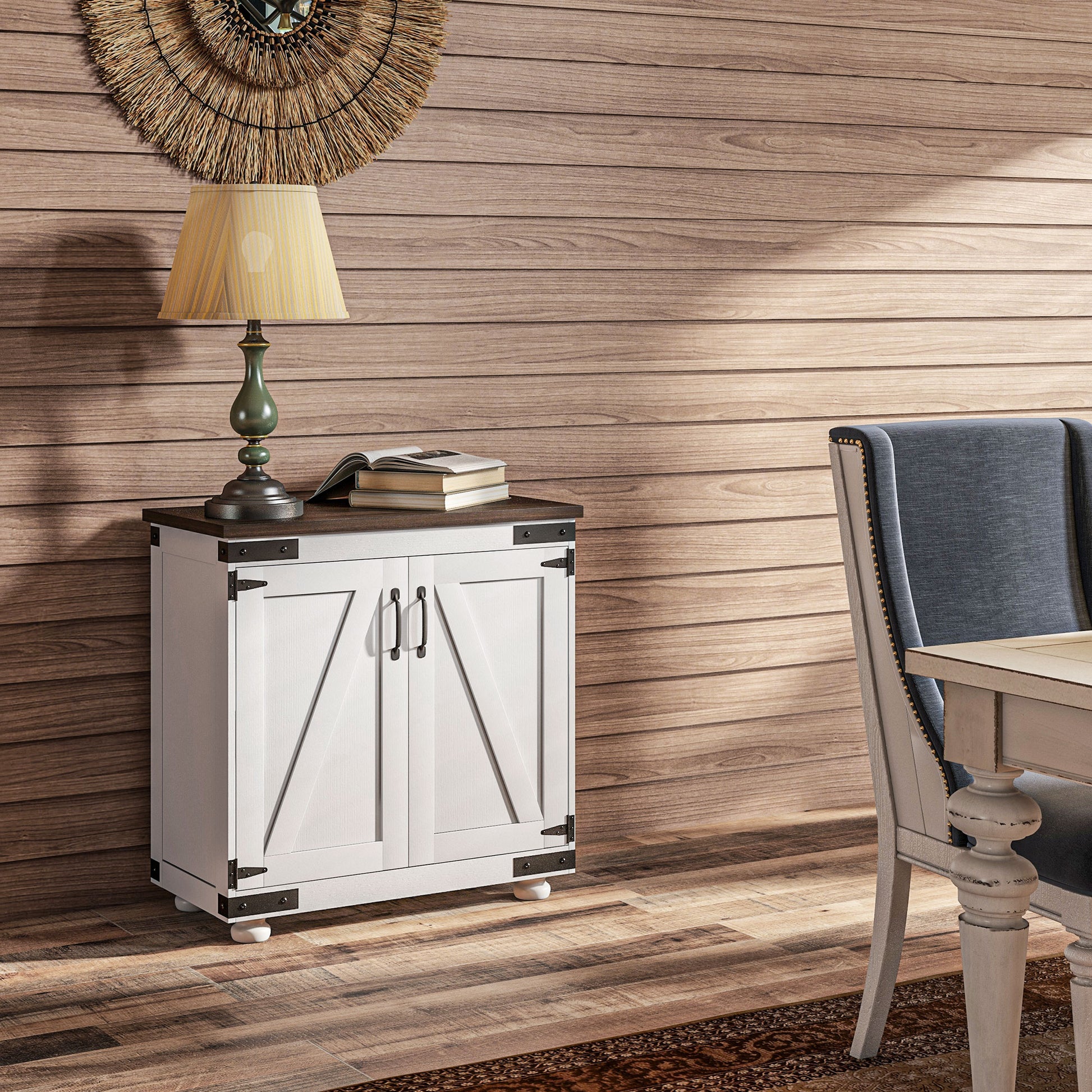 Sideboard Buffet, Kitchen Storage Cabinet with Barn Door and Adjustable Shelves, White and Brown Storage Cabinets   at Gallery Canada