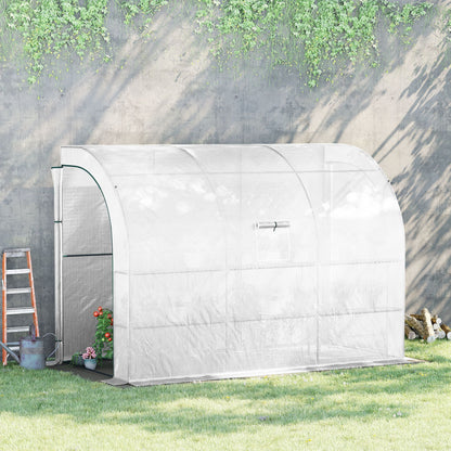 Walk-in Wall Lean-to Greenhouse, 10' x 5' x 7' Outdoor Gardening Green House with PE Cover, Windows, Shelves and 2 Zipper Doors, White Walk In Greenhouses   at Gallery Canada