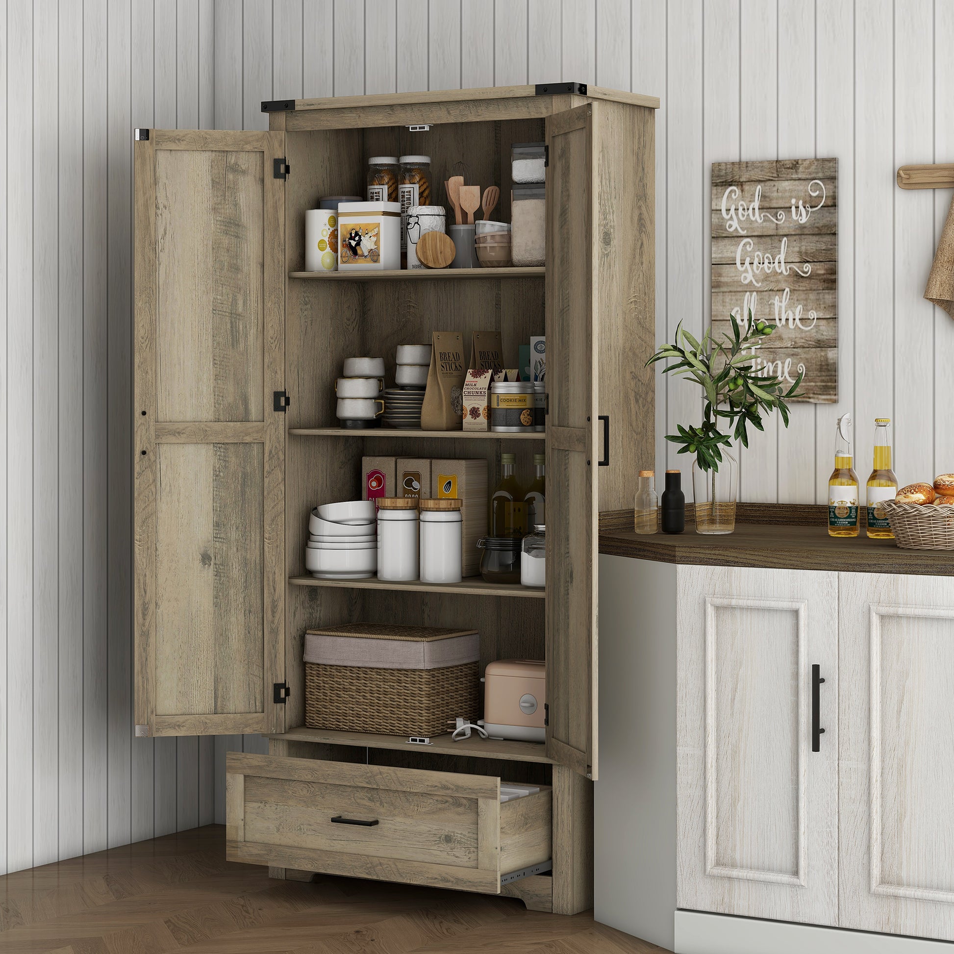 69" Tall Farmhouse Kitchen Pantry Cabinet with 2 Doors, Drawer and Adjustable Shelves for Dining Room, Grey Kitchen Pantry Cabinets Grey  at Gallery Canada