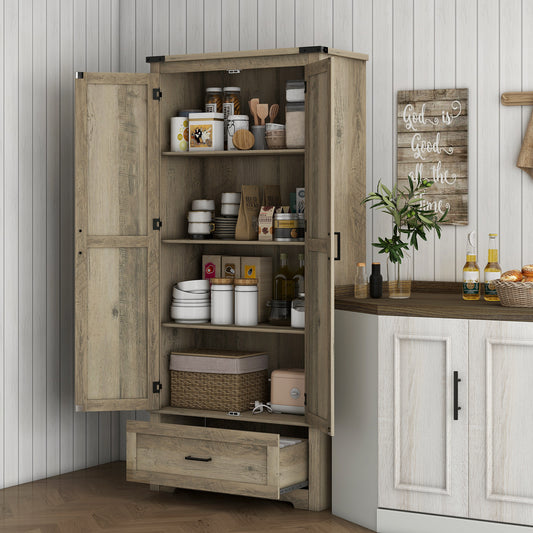 69" Tall Farmhouse Kitchen Pantry Cabinet with 2 Doors, Drawer and Adjustable Shelves for Dining Room, Grey Kitchen Pantry Cabinets   at Gallery Canada