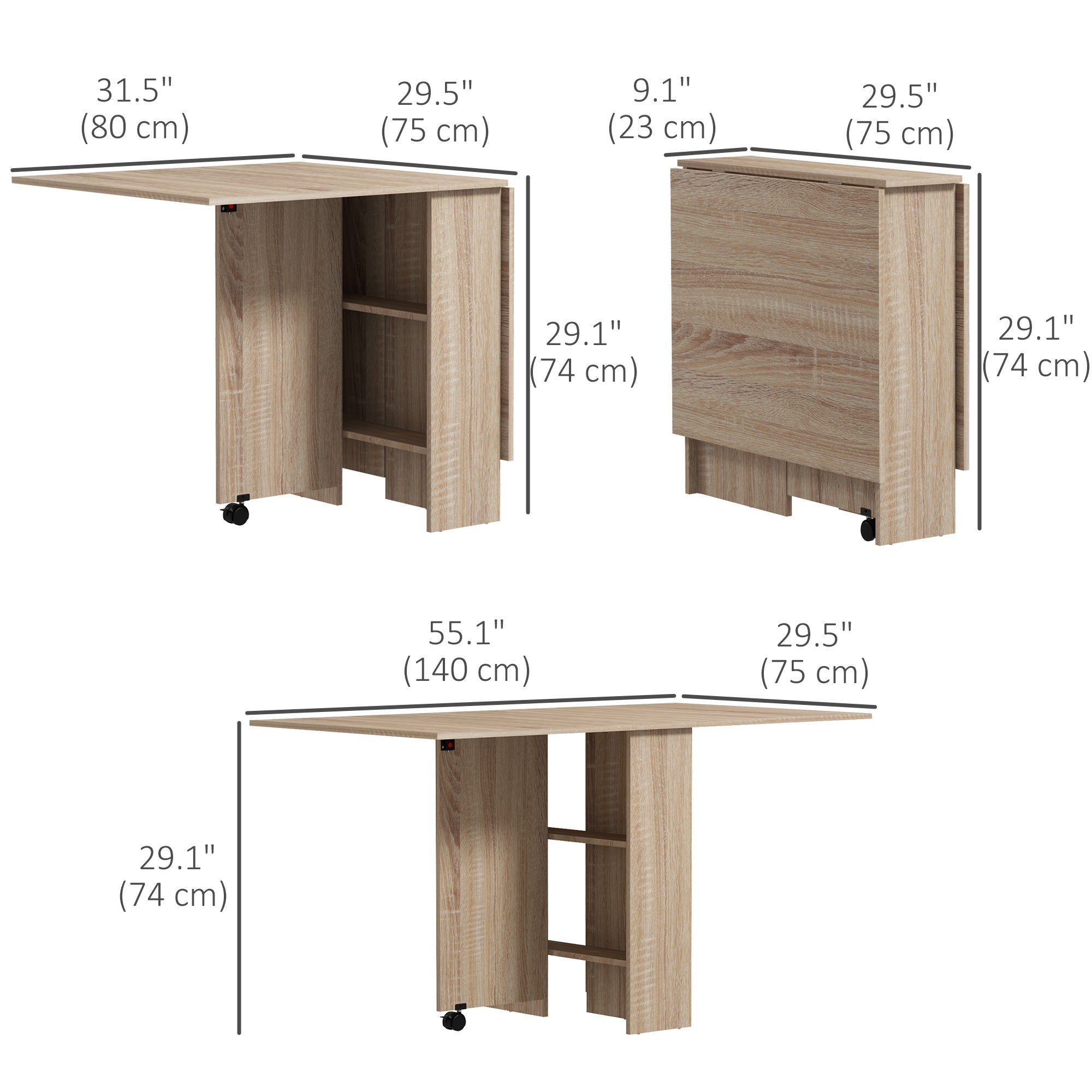 Extendable Dining Table, Collapsible Folding Table w/ 2-tier Shelves and Rolling Casters, Nature Wood Dining Tables   at Gallery Canada