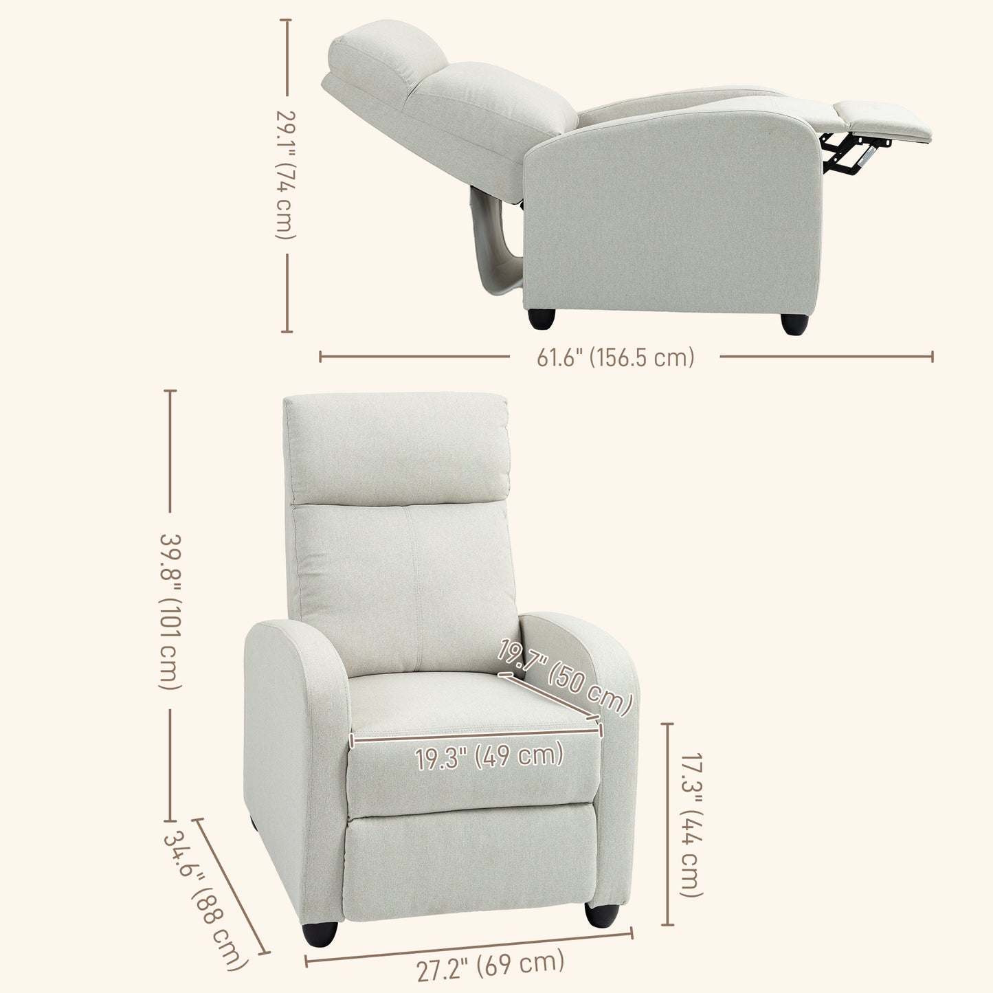 Fabric Recliner Chair Manual Home Theater Seating Single Reclining Sofa Chair with Padded Seat for Living Room, Cream White Single Sofas   at Gallery Canada