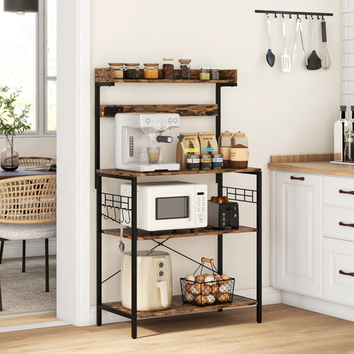 Kitchen Baker's Rack with Power Outlet, Coffee Bar Station with Adjustable Shelves and Hooks, Rustic Brown