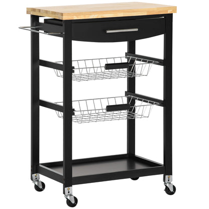 3-Tier Utility Kitchen Cart with Handle Bar, Steel Basket Rolling Kitchen Island, Food Storage Service Trolley with Wheels, Rubber Wood Top, Black Kitchen Islands & Kitchen Carts   at Gallery Canada