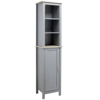 Bathroom Floor Storage Cabinet with 3 Tier Shelf and Cupboard with Door, Free Standing Linen Tower, Tall Slim Side Organizer Shelves, Grey Bathroom Cabinets Grey  at Gallery Canada