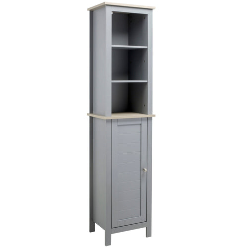 Bathroom Floor Storage Cabinet with 3 Tier Shelf and Cupboard with Door, Free Standing Linen Tower, Tall Slim Side Organizer Shelves, Grey