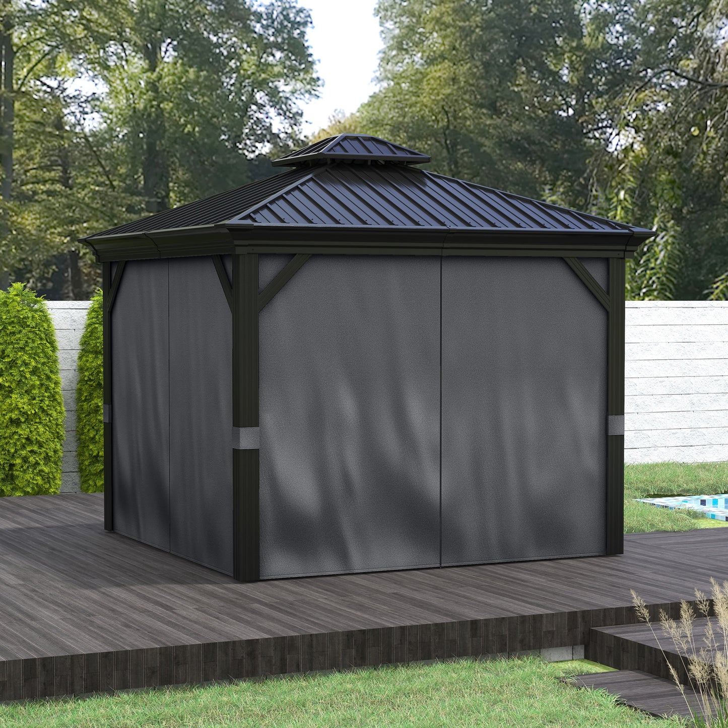 10' x 12' Outdoor Hardtop Gazebo with Galvanized Canopy &; Netting Sidewalls for Lawn, Backyard, Dark Grey Gazebos at Gallery Canada