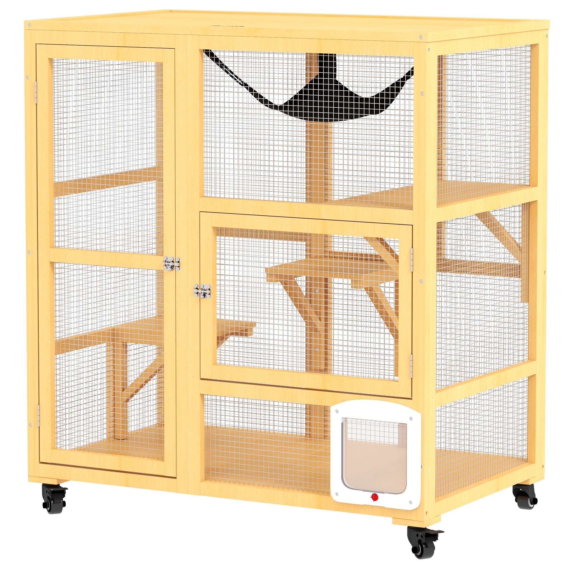 Cat Condo Wooden Indoor Cat House on Wheels with Cat Flap Door Platforms Hammock Openable Top for 2 Cats, Yellow Outdoor Cat Enclosures Yellow at Gallery Canada