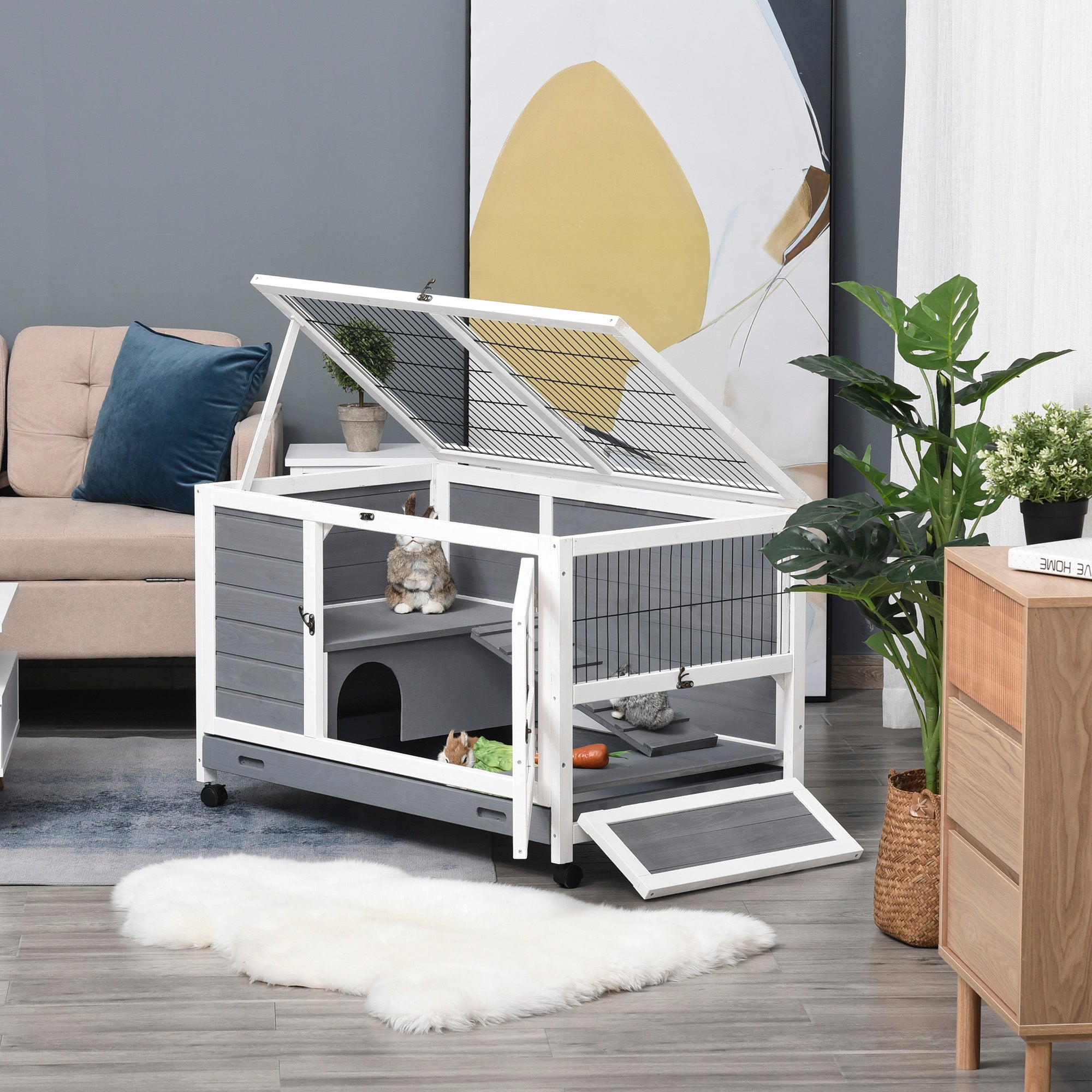 Elevated Wooden Rabbit Hutch with Slide-out Tray and Lockable Door, Grey Rabbit Hutch   at Gallery Canada