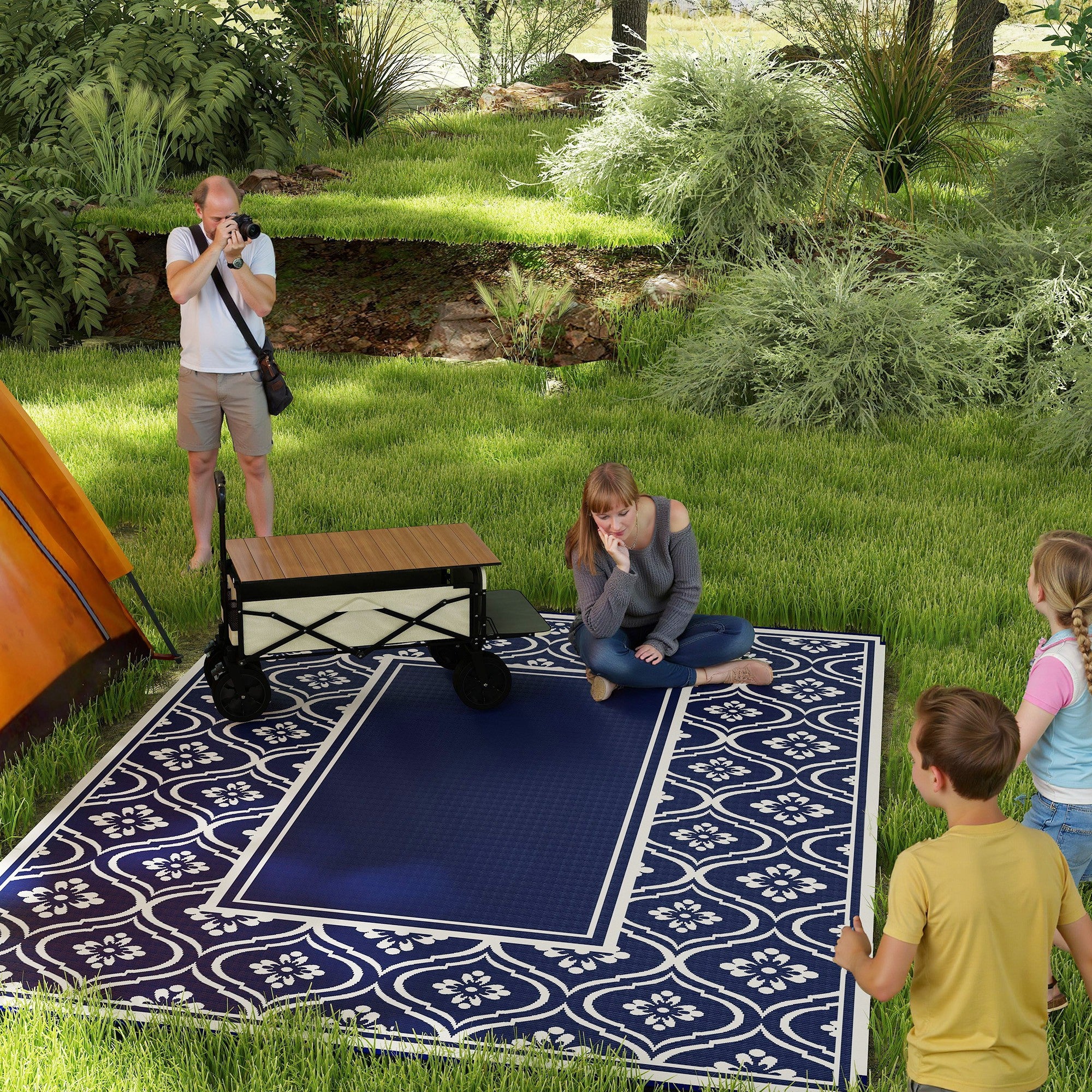 9' x 12' Outdoor RV Rug, Reversible Patio Floor Mat with Carry Bag, Gourd Border, Blue and White Garden Decor at Gallery Canada