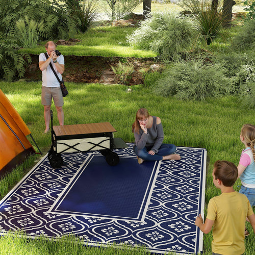 9' x 12' Outdoor RV Rug, Reversible Patio Floor Mat with Carry Bag, Gourd Border, Blue and White