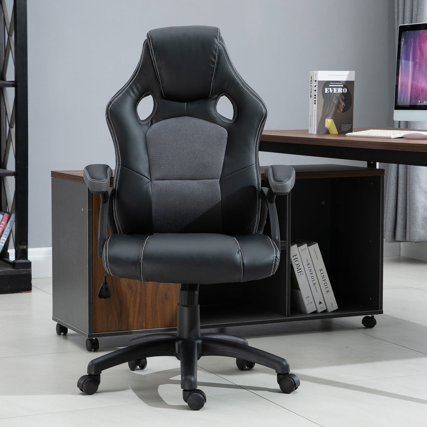 PU Leather Gaming Chair High Back Office Chair with Adjustable Height, Computer Gamer Chair, Grey Video Game Chairs   at Gallery Canada