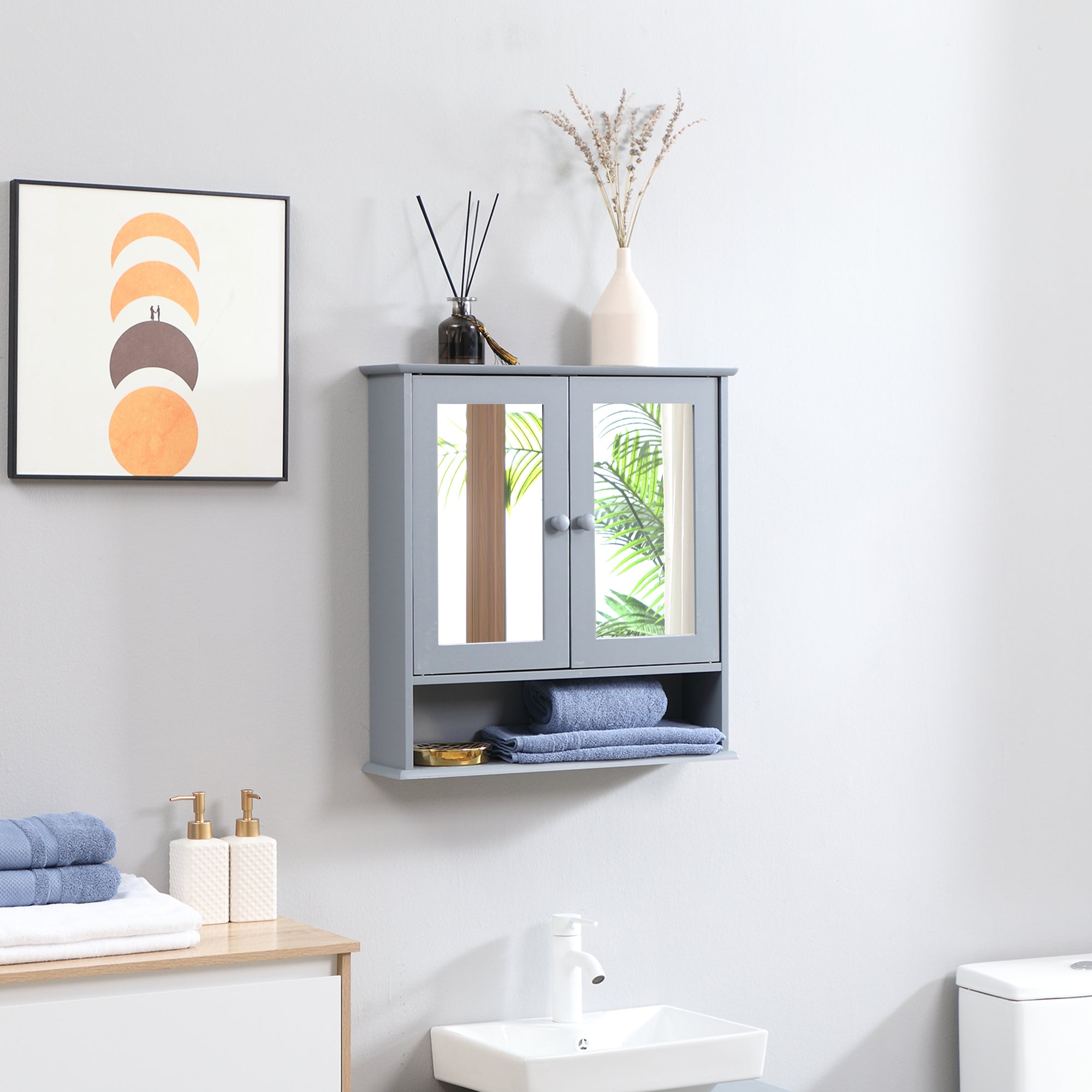 Medicine Cabinet, Wall-Mounted Bathroom Mirror Cabinet with Double Doors, Open Shelf, and Adjustable Shelf, Modern Bathroom Wall Cabinet, Grey Mirror Medicine Cabinets at Gallery Canada