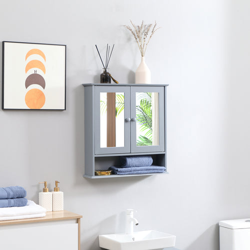 Medicine Cabinet, Wall-Mounted Bathroom Mirror Cabinet with Double Doors, Open Shelf, and Adjustable Shelf, Modern Bathroom Wall Cabinet, Grey
