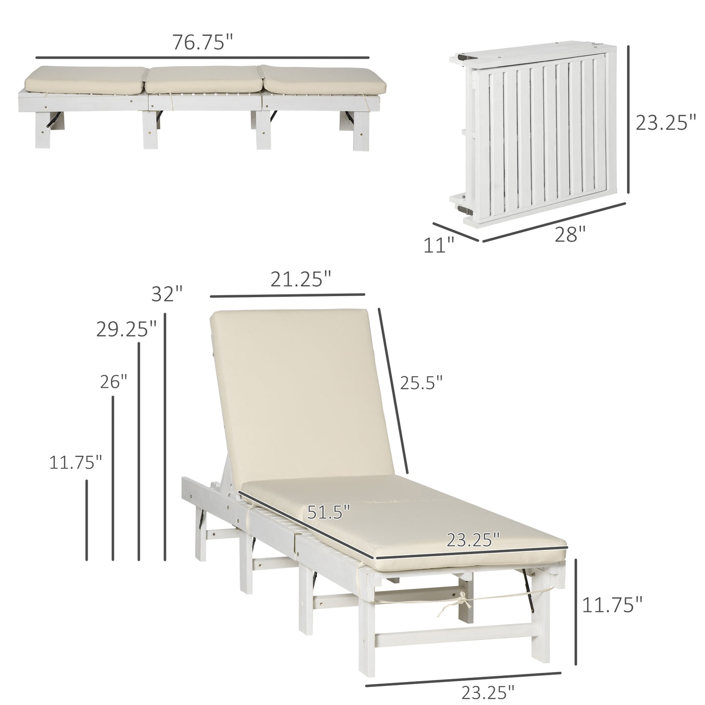 Wooden Folding Chaise Lounge, Outdoor Chaise Lounge Chair, Garden Reclining Tanning Chair with 4 Adjustable Back Soft Cushions, White Chaise Loungers   at Gallery Canada