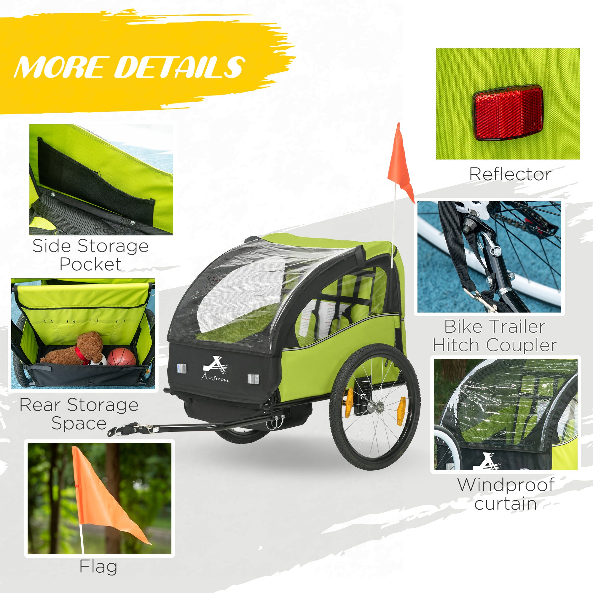 2 Seat Bike Trailer for Kids, Baby Stroller with Storage Bag, 5 Point Harness, Bicycle Trailer with 20