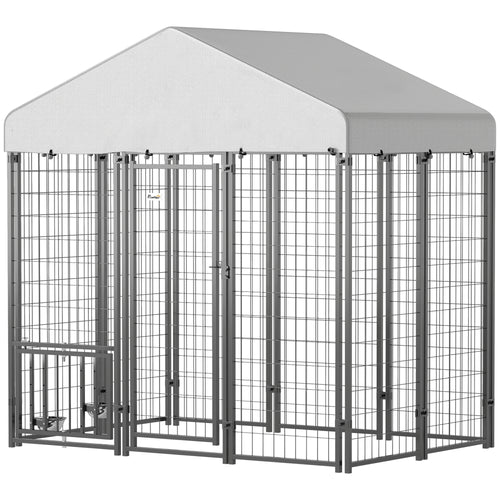 Outdoor Dog Kennel with Waterproof UV-Resistant Cover, Rotating &; 4-Level Adjustable Feeding Bowls, 5.9 x 4 x 6 ft