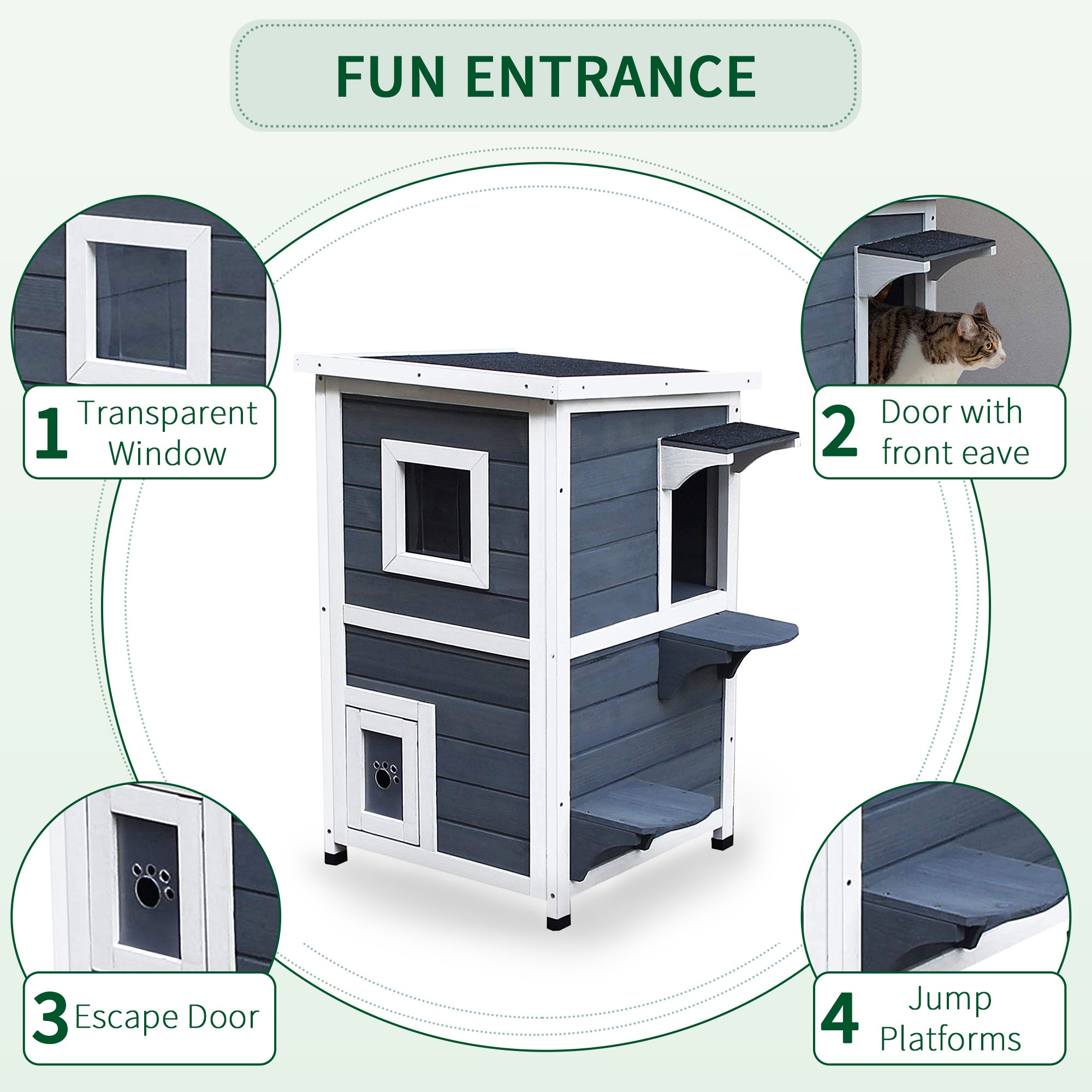 2 Story Wooden Outdoor Cat House with Windows, Platforms, Openable Top, Asphalt Roof, Grey Cat Houses at Gallery Canada