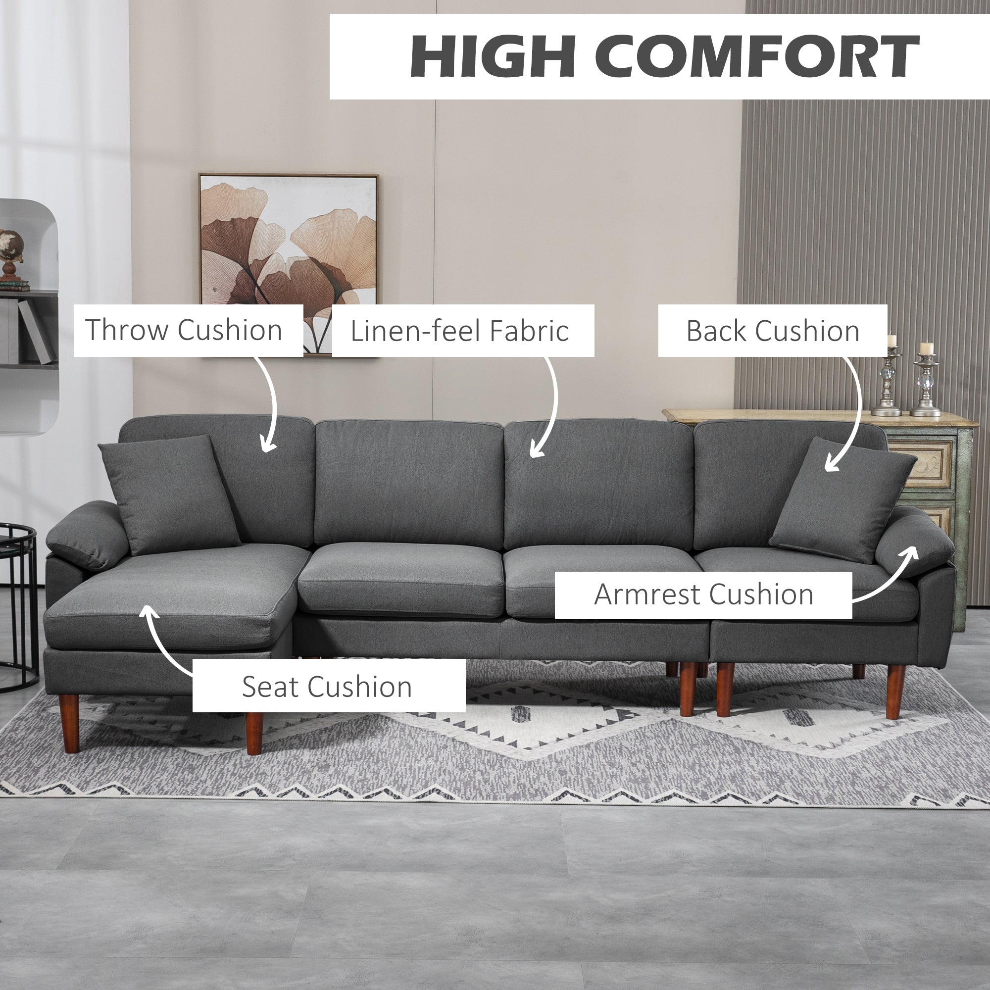 L-Shape Sofa, Modern Sectional Couch with Reversible Chaise Lounge, Pillows and Wooden Legs for Living Room, Dark Grey 3-Seater Sofas   at Gallery Canada