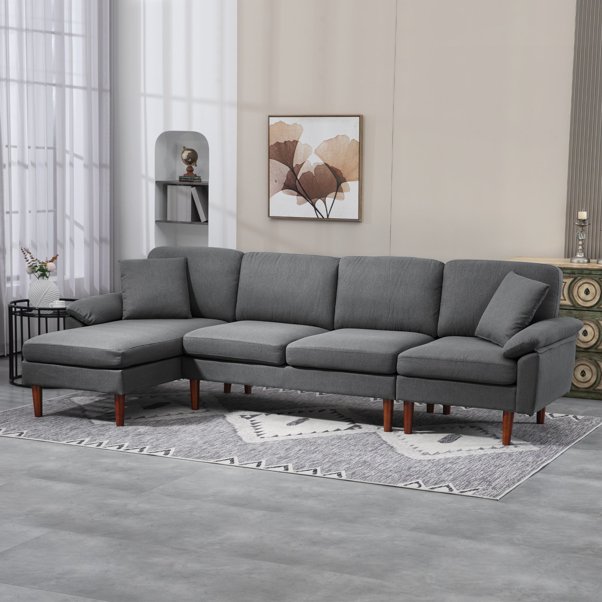 L-Shape Sofa, Modern Sectional Couch with Reversible Chaise Lounge, Pillows and Wooden Legs for Living Room, Dark Grey 3-Seater Sofas   at Gallery Canada