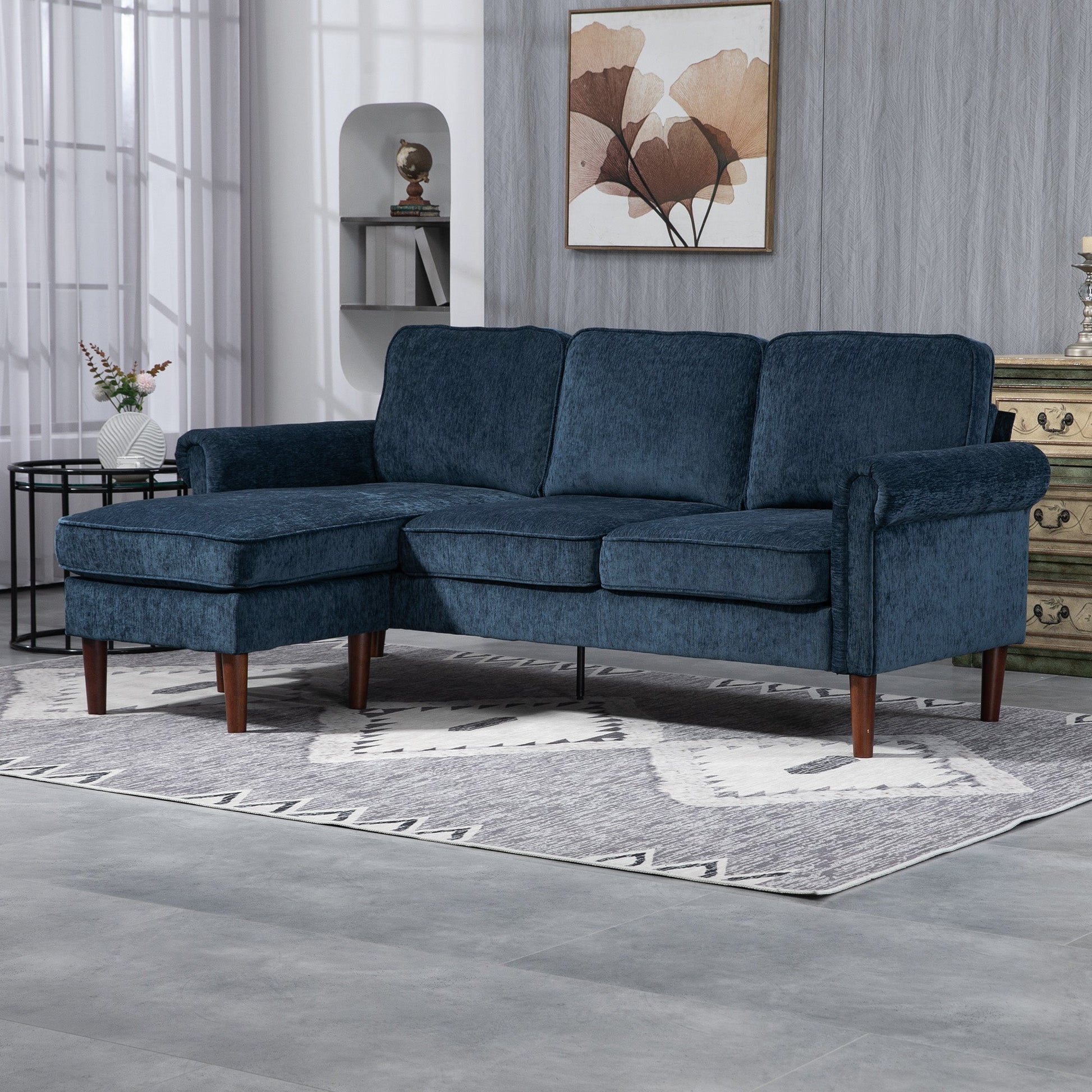 L Shape Sofa, Modern Sectional Couch with Reversible Chaise Lounge, Wooden Legs, Corner Sofa for Living Room, Dark Blue 3-Seater Sofas   at Gallery Canada