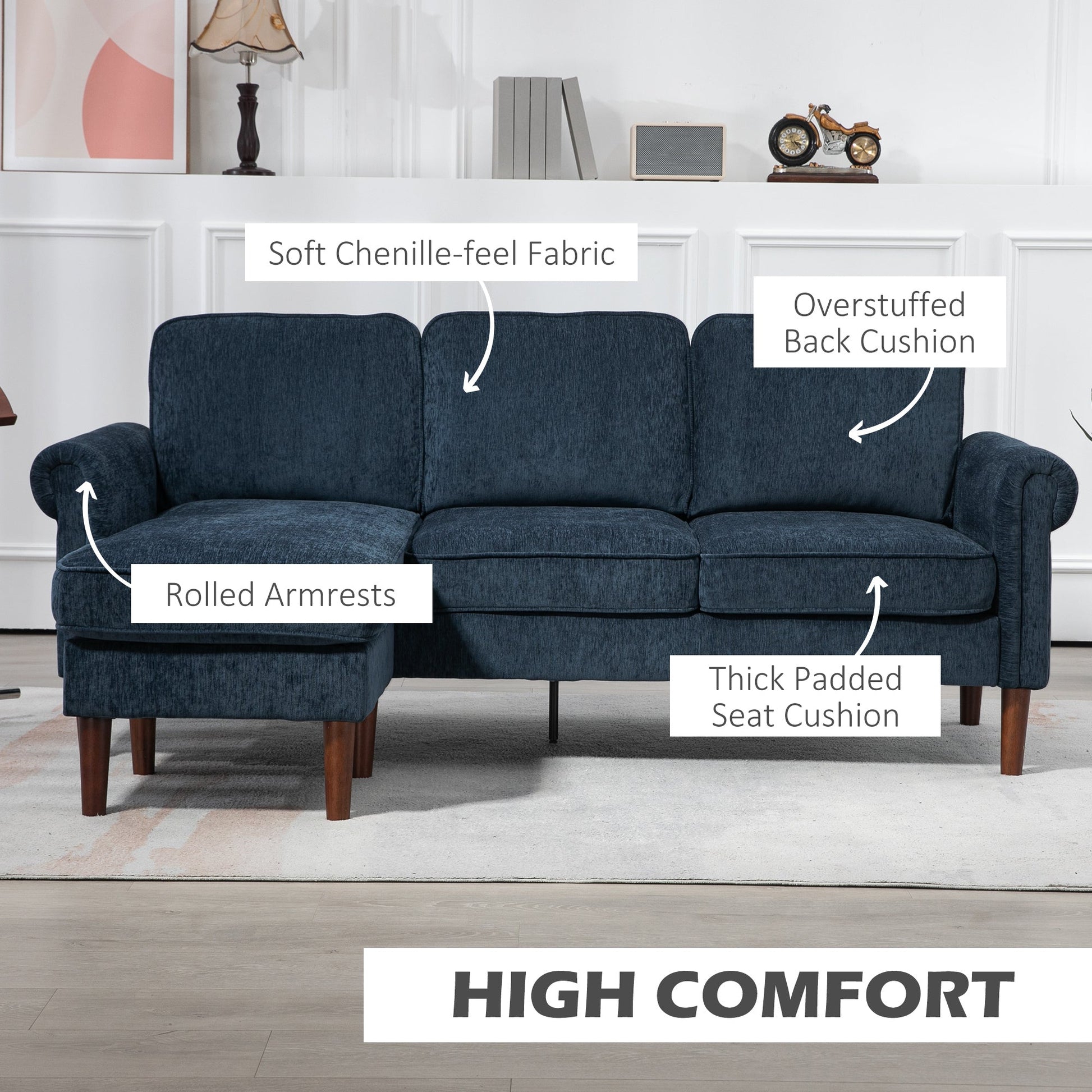 L Shape Sofa, Modern Sectional Couch with Reversible Chaise Lounge, Wooden Legs, Corner Sofa for Living Room, Dark Blue 3-Seater Sofas   at Gallery Canada